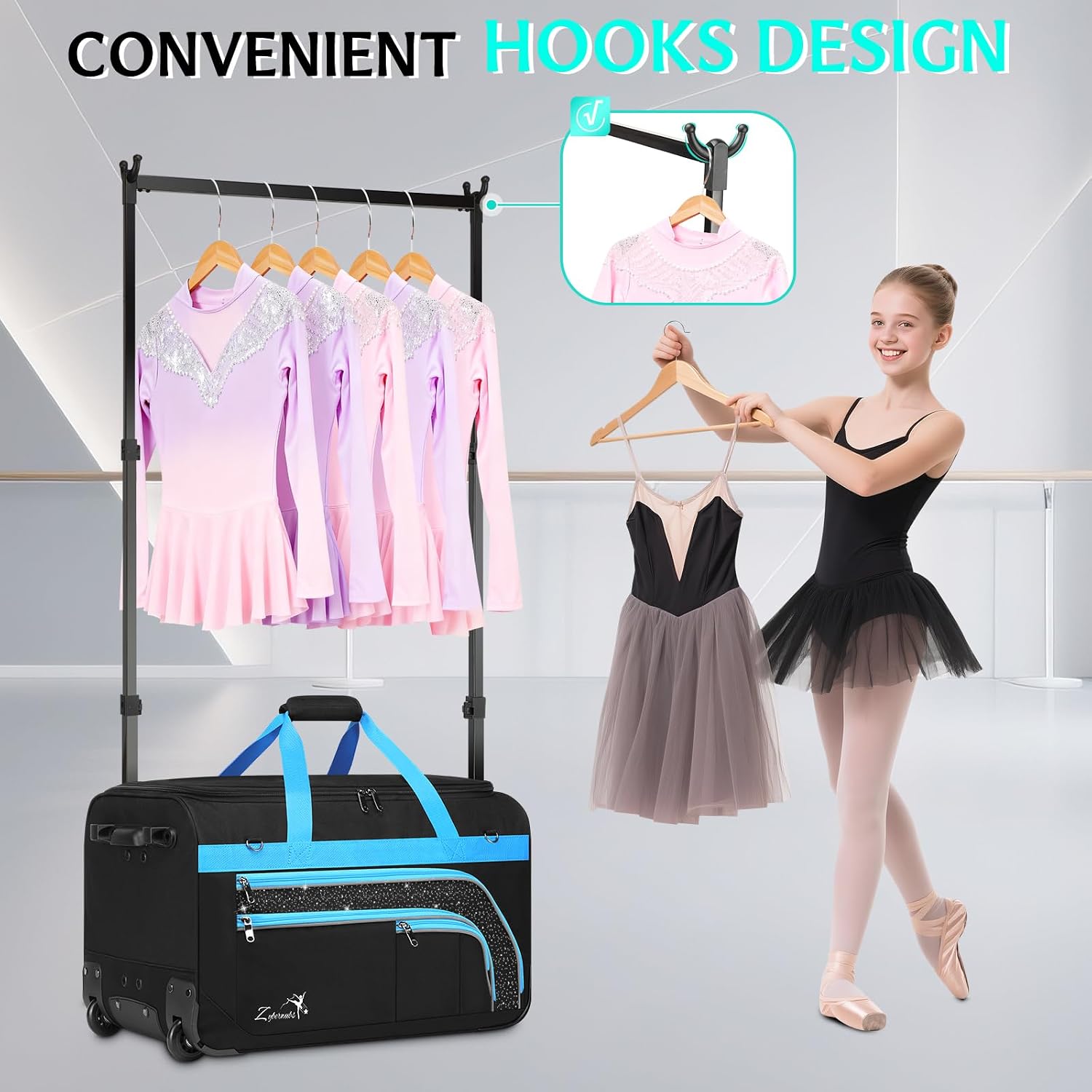 Dance Bag with Garment Rack - 28 Inch Professional Dance Competition Duffle Bag with Rack - Wheeled Dance Suitcase with Multiple Pockets for Dancers, Athlete, Travelers, and Livestreamer