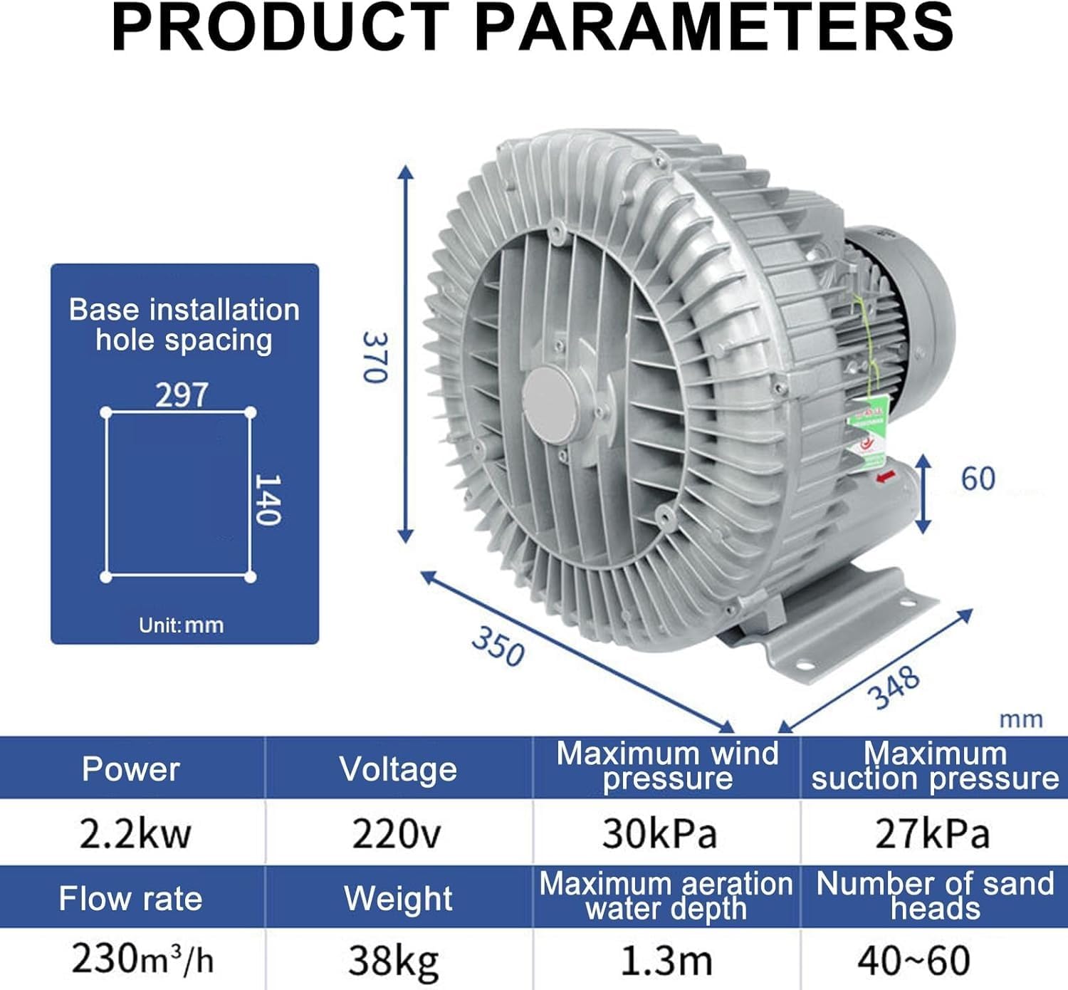 Single/Three Phase Vortex Ring Blower,120W-7500W Regenerative Blower for Aquarium Hydroponics Pond Septic Tank Aerators,Electric Air Pump,Ring Blower for Sewage Aeration(2.2KW/220V)