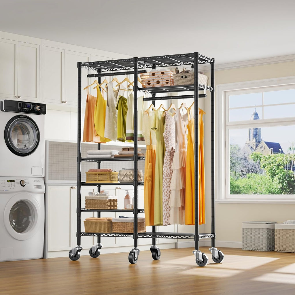 VIPEK R4 Rolling Clothes Rack for Closet, Garment Rack With Lockable Wheels, 6 Adjustable Shelves & 2 Hanger Rods for Bedroom or Laundry Room, Metal Clothing Rack, Max Load 620LBS, Black