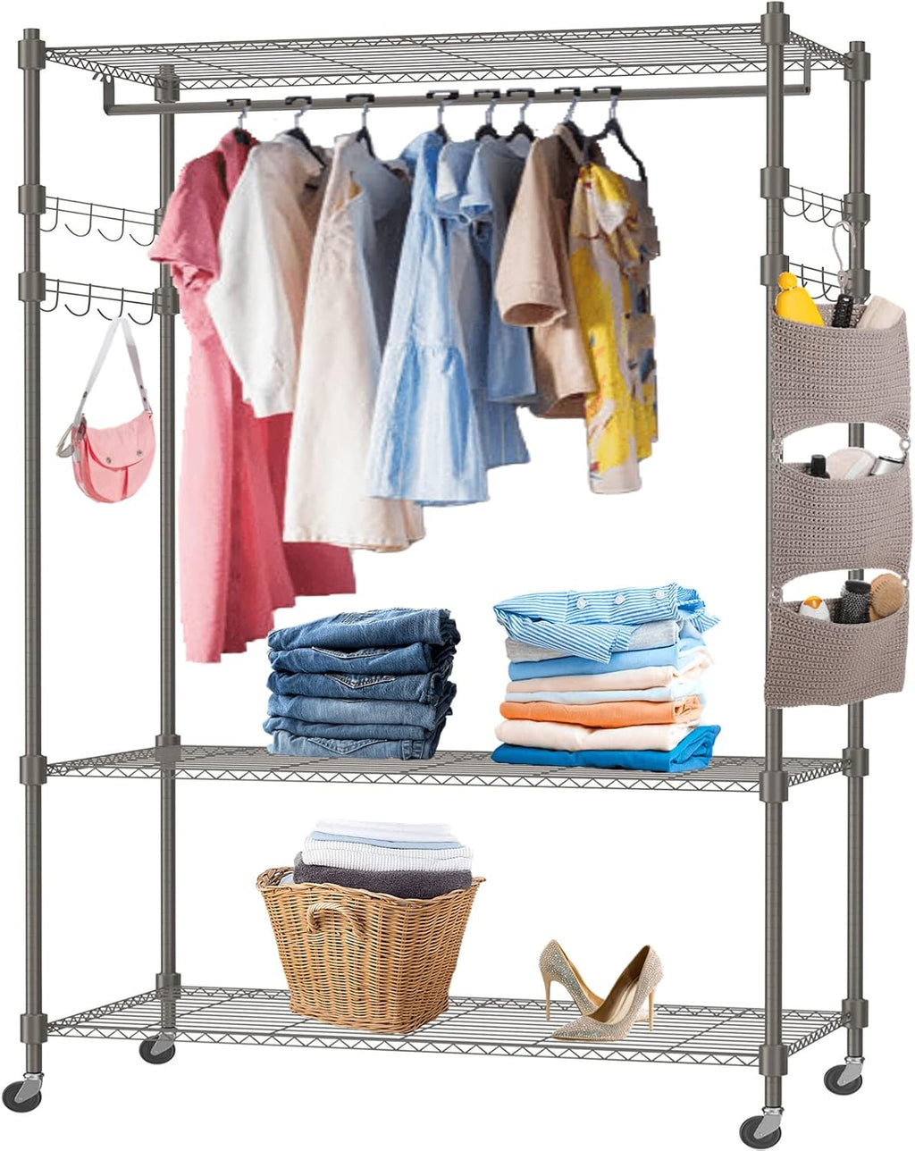 Himimi 3 Tier Wire Shelving Clothes Rack with Wheels, Heavy Duty Rolling Garment Rack with Double Rods, 4 Side Hooks, Freestanding Metal Wardrobe Storage Rack, Grey
