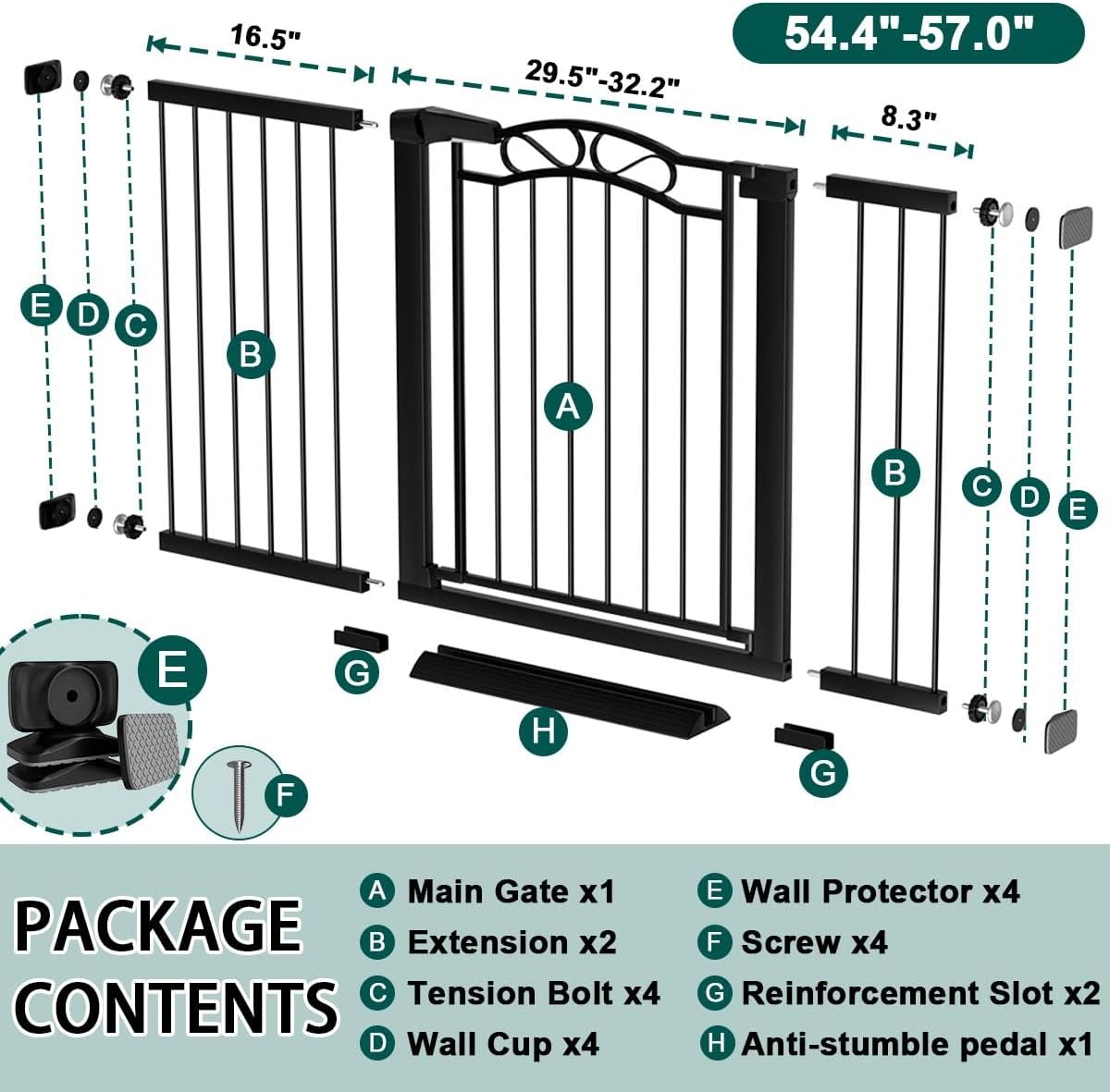 Fairy Baby 54.4'-57.0' Extra Wide Baby Gate with Door, 55 56 57 Inches Walk THR Baby Gates for Stairs Pressure Mounted no Drill, Indoor Tension Metal Child Pet Dog Safety Gate for Kids, Black