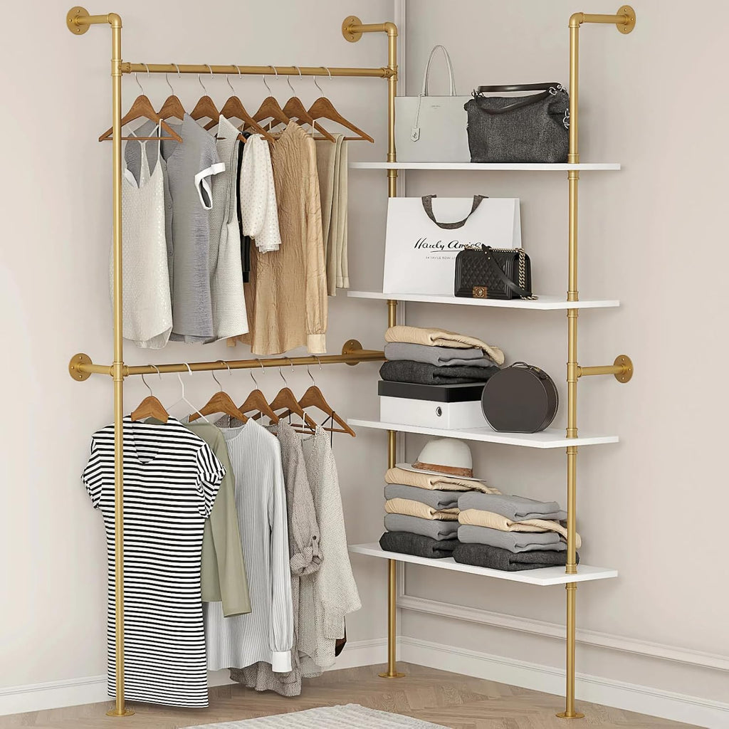 Industrial Pipe Clothing Rack Wall Mounted Heavy Duty, Space Saving Garment Hanger System for Wardrobe/Walk-in Closet, Gold