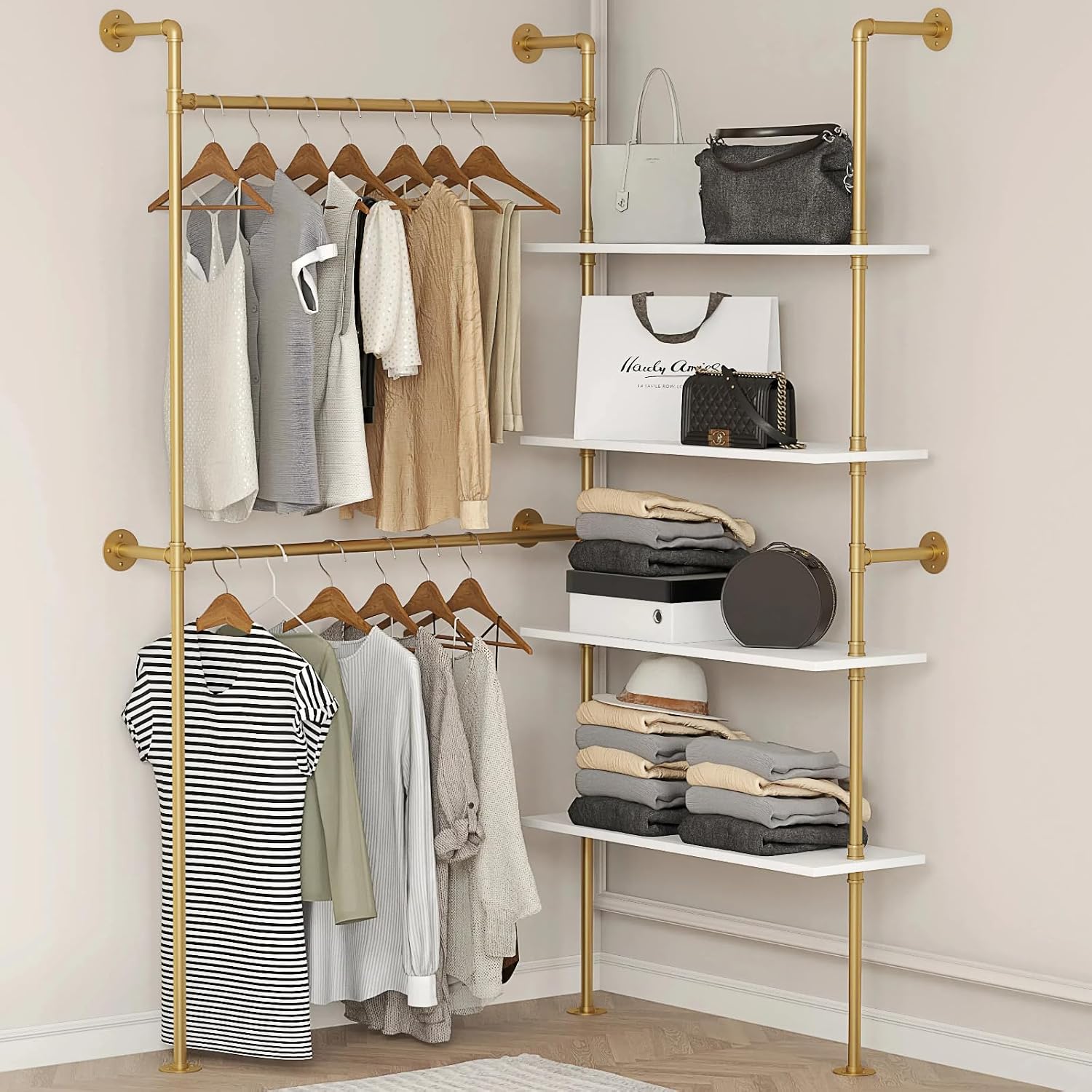 Industrial Pipe Clothing Rack Wall Mounted Heavy Duty, Space Saving Garment Hanger System for Wardrobe/Walk-in Closet, Gold