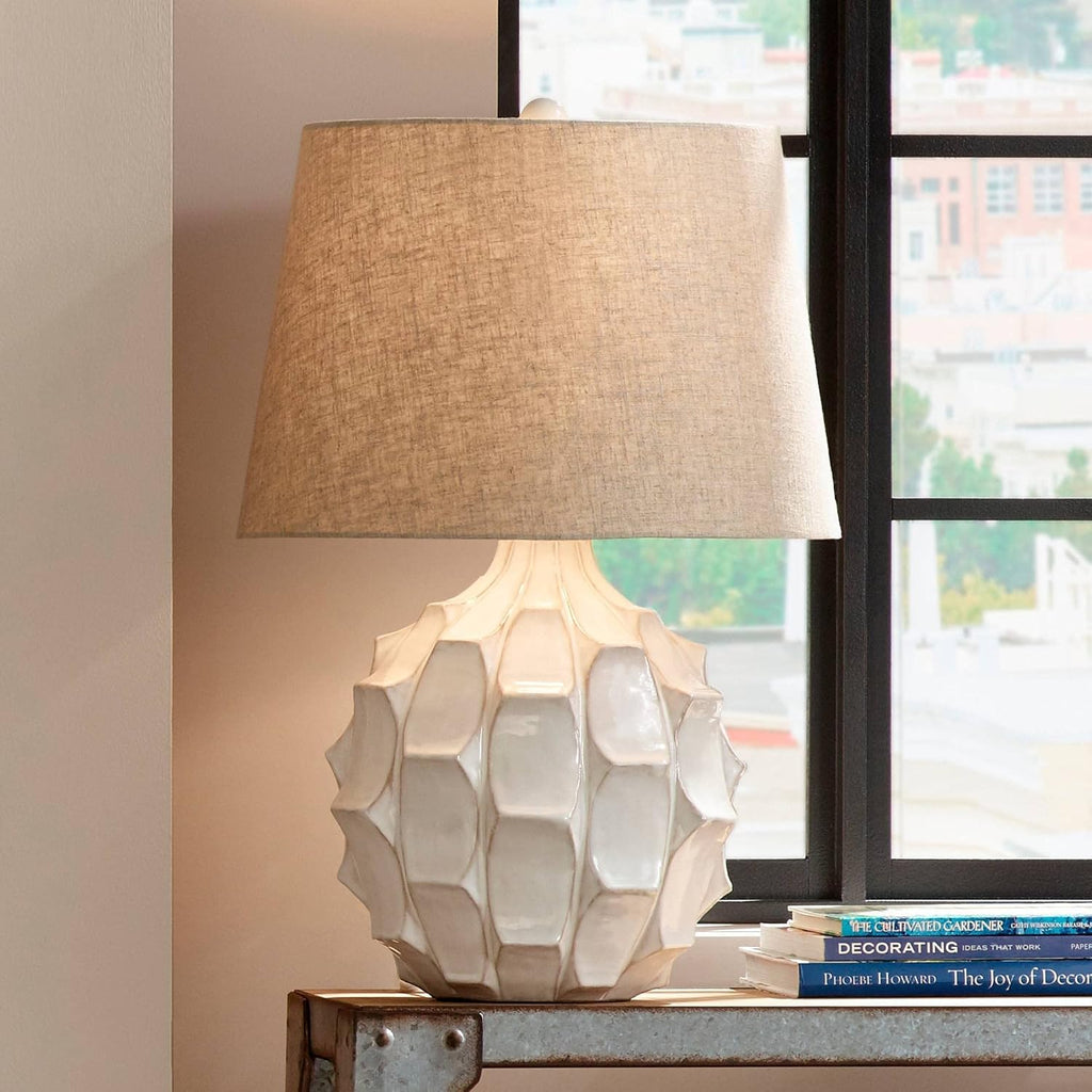 Possini Euro Design Cosgrove Country Cottage Table Lamps 26 1/2' Tall Set of 2 White Glazed Textured Ceramic Brown Linen Drum Shade for Bedroom Family Room Bedside Nightstand House Home Office