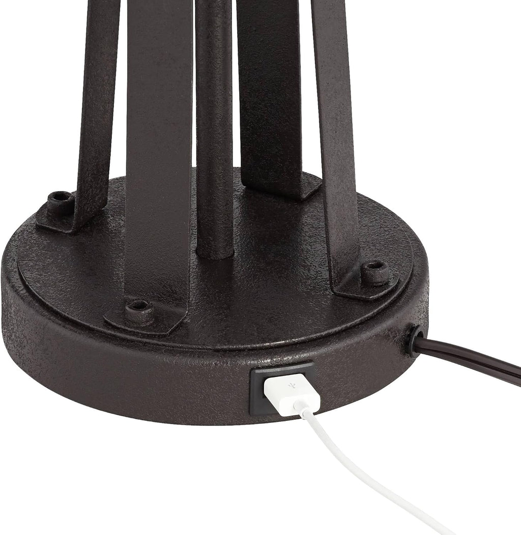 Possini Euro Design Modern Table Lamps 25 1/2' Tall Set of 2 with USB Charging Port Dark Bronze Metal Woven Burlap Drum Shade for Bedroom Living Room House Desk Bedside Nightstand Office Family