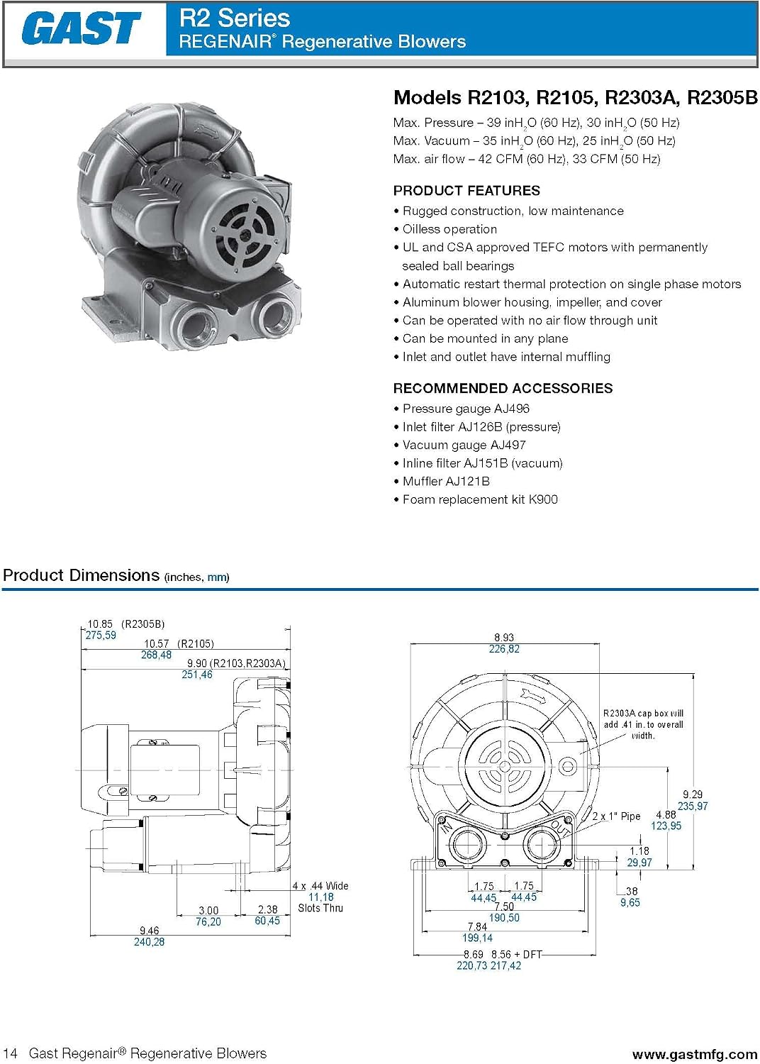 Gast R2103 NX Regenerative Blower 115/230 VAC
