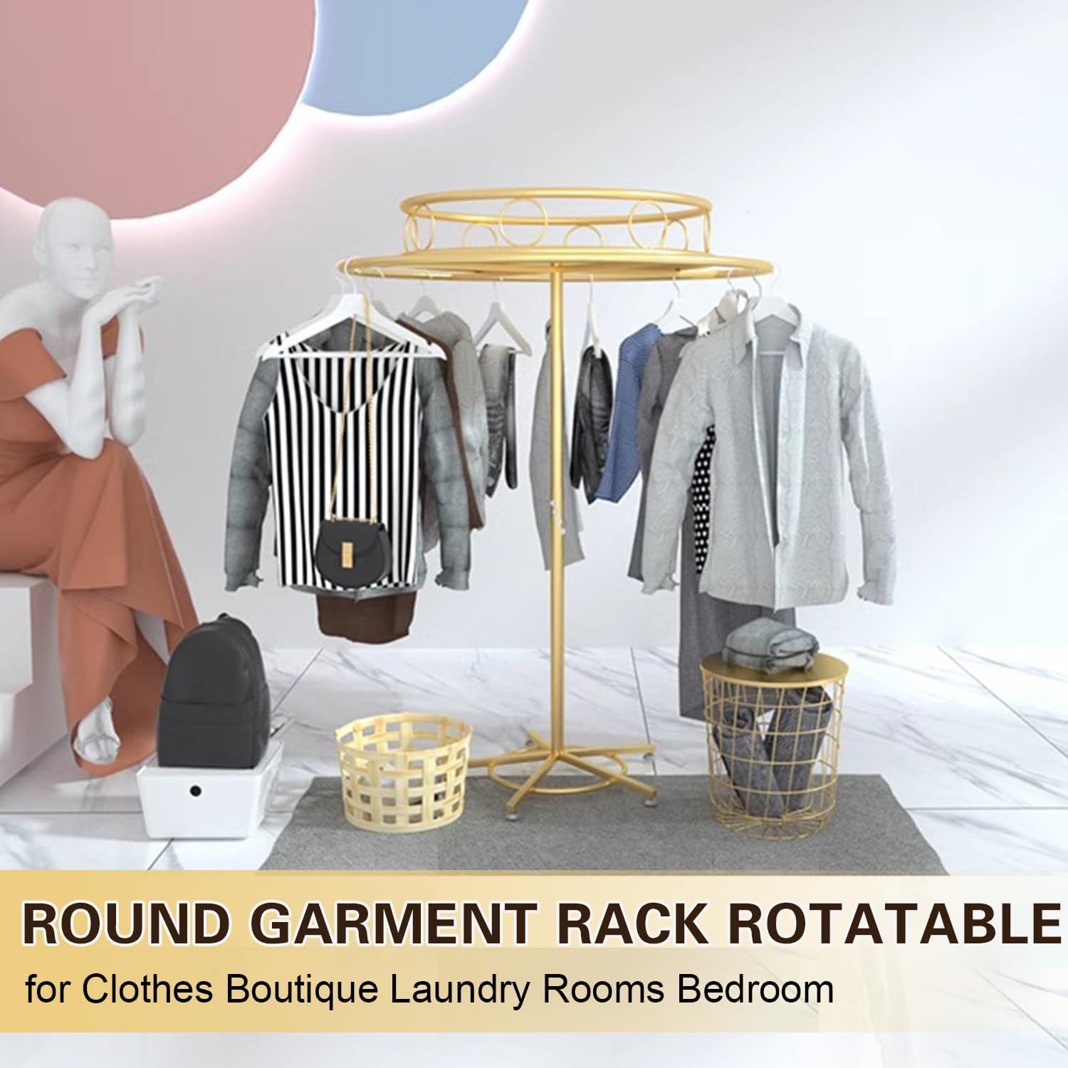 Floor-Standing Rotatable Clothing Rack, Multi-Functional Commercial Round Garment Racks for Hanging Clothes, Clothing Organize Rack for Commercial Retail,Gold,Width 23.6in
