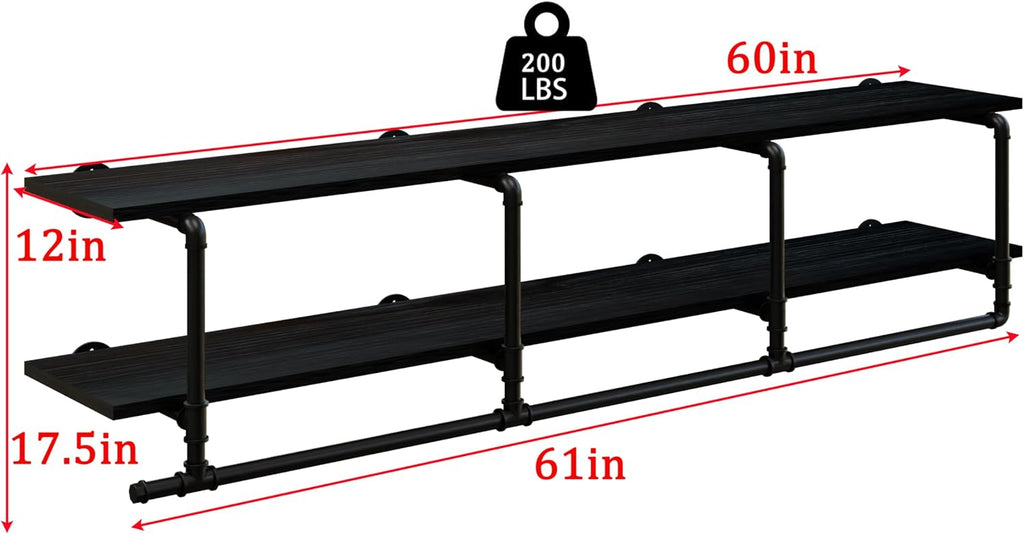Wall Mounted Clothes Rack 12 Inch Deep, 60 Inch Heavy Duty Garment Rack with Real Black Wood Shelf, Multi-Purpose Hanging Rod & Space-Saving Closet Storage Organizer