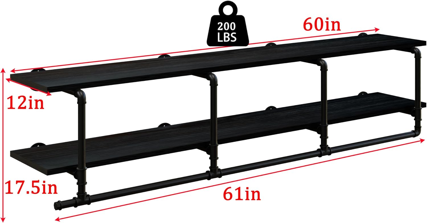 Wall Mounted Clothes Rack 12 Inch Deep, 60 Inch Heavy Duty Garment Rack with Real Black Wood Shelf, Multi-Purpose Hanging Rod & Space-Saving Closet Storage Organizer