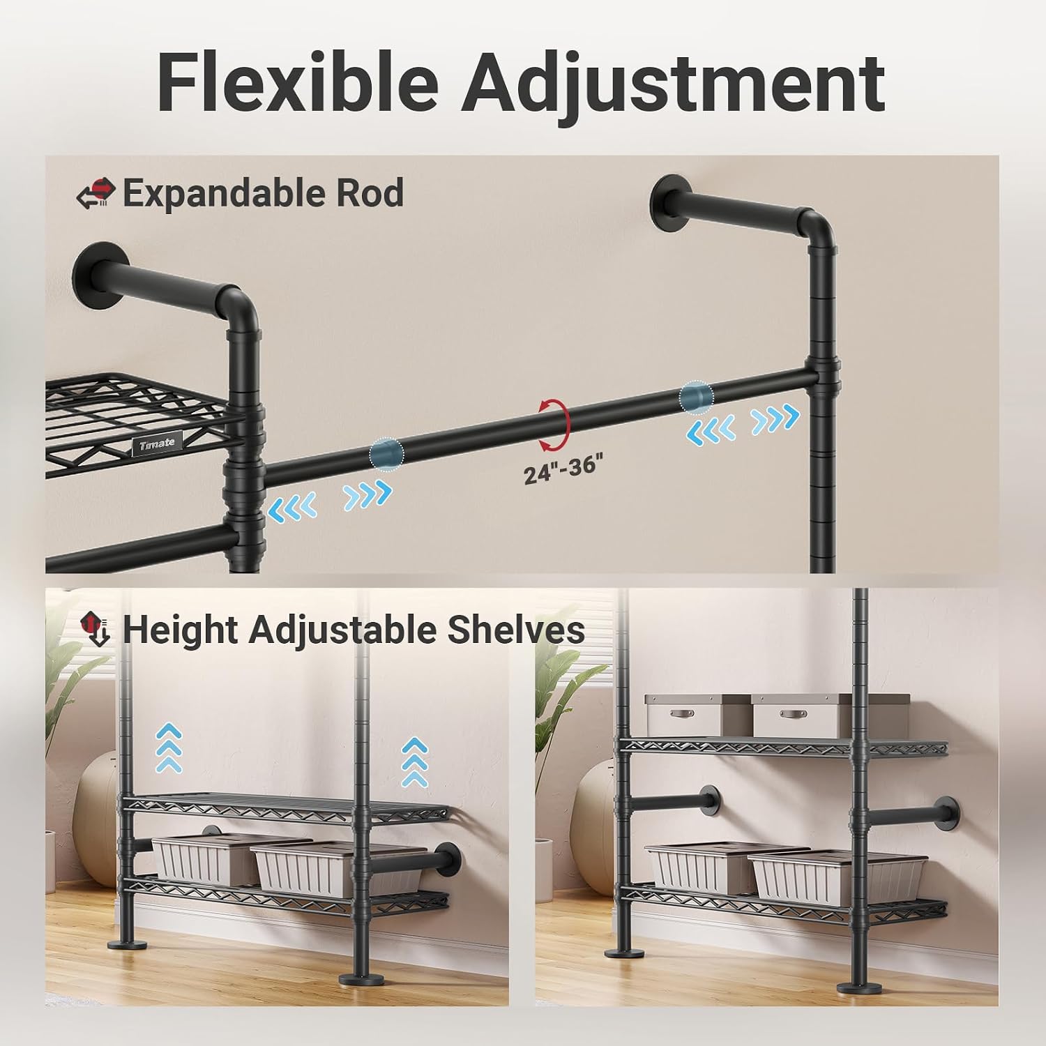 Timate F6 Wall Mounted Clothes Rack - Expandable Industrial Pipe Closet System, Heavy Duty Hanging Garment Rack, Closet Organizer & Storage Solution for Wardrobe, Bedroom,Walk-in Closets,Black