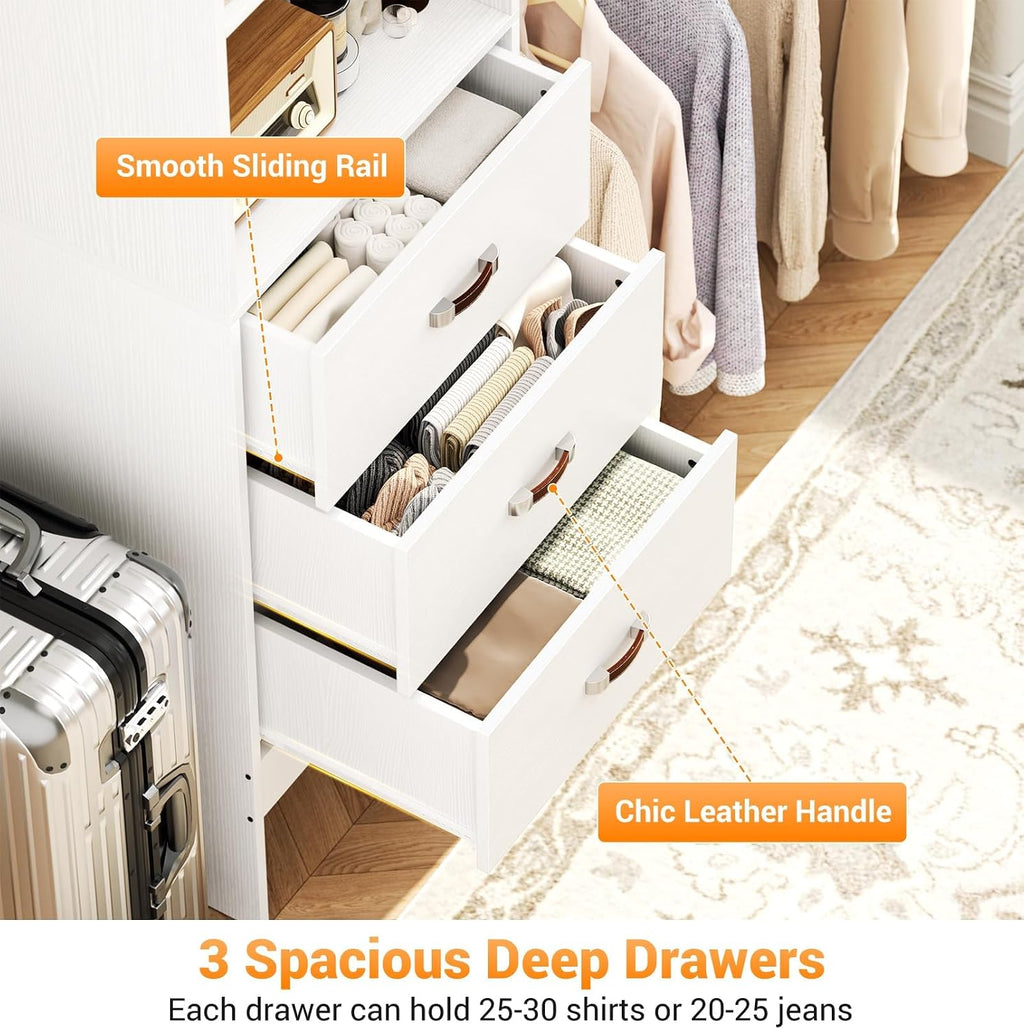 Homieasy 96 Inches Closet Organizer System, 8FT Customizable Walk In Closet Organizer with Hanging Rods, 3 Drawers Garment Rack with Leather Handle , 96' L x 16' W x 75' H, Max Load 1000 LBS, White