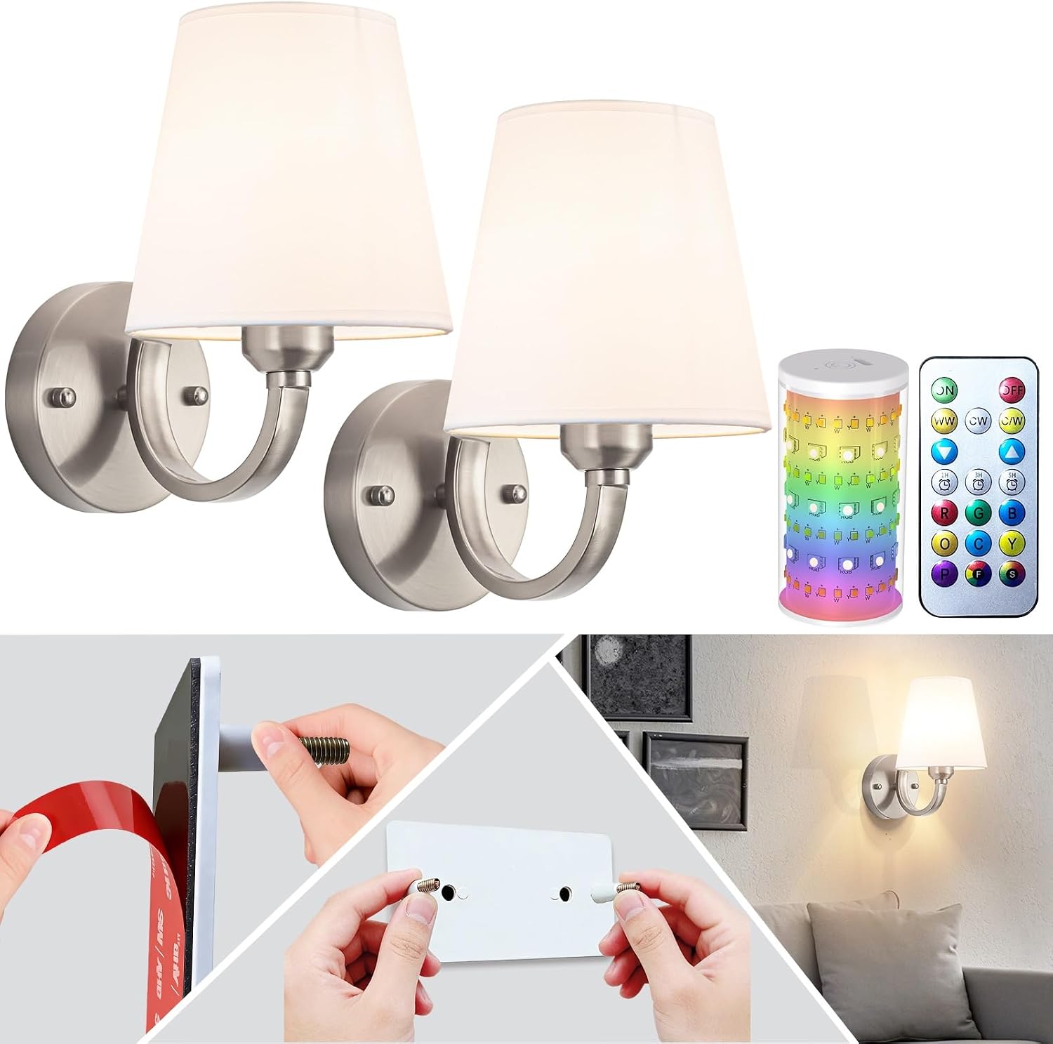 Peel and Stick Wall Sconces, Stick On Wall Sconces Battery Operated, Wireless Adhesive Wall Sconce with 10000mAh Battery Corn Bulb, No Drilling Wall Lamp for Bedroom Living Room