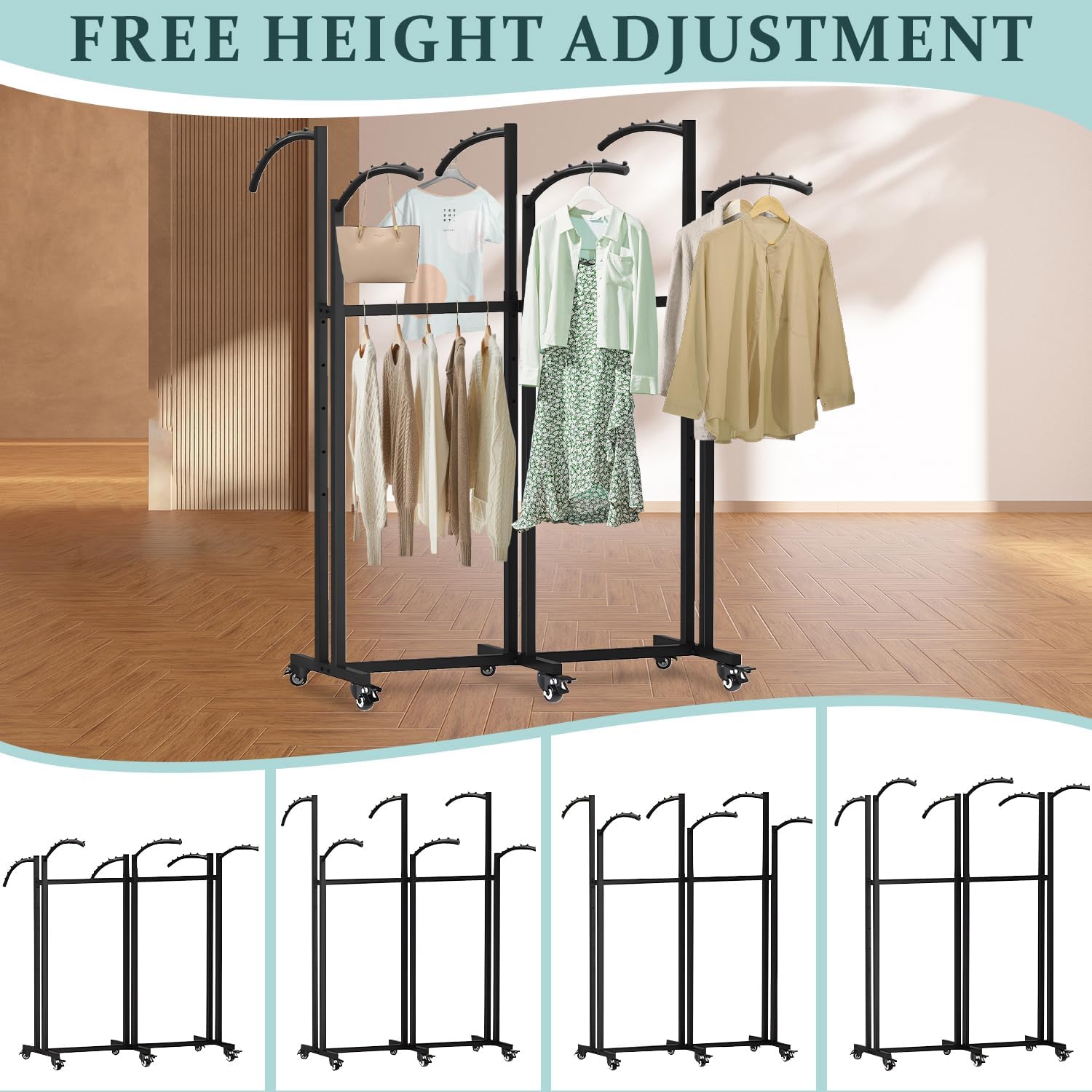 Floor Standing Metal Garment Rack With Wheels, 6 Arms Clothing Rack, Heavy Duty Metal Clothing Garment Rack with Curved Arms, Display Rack for Hanging Clothes,Black