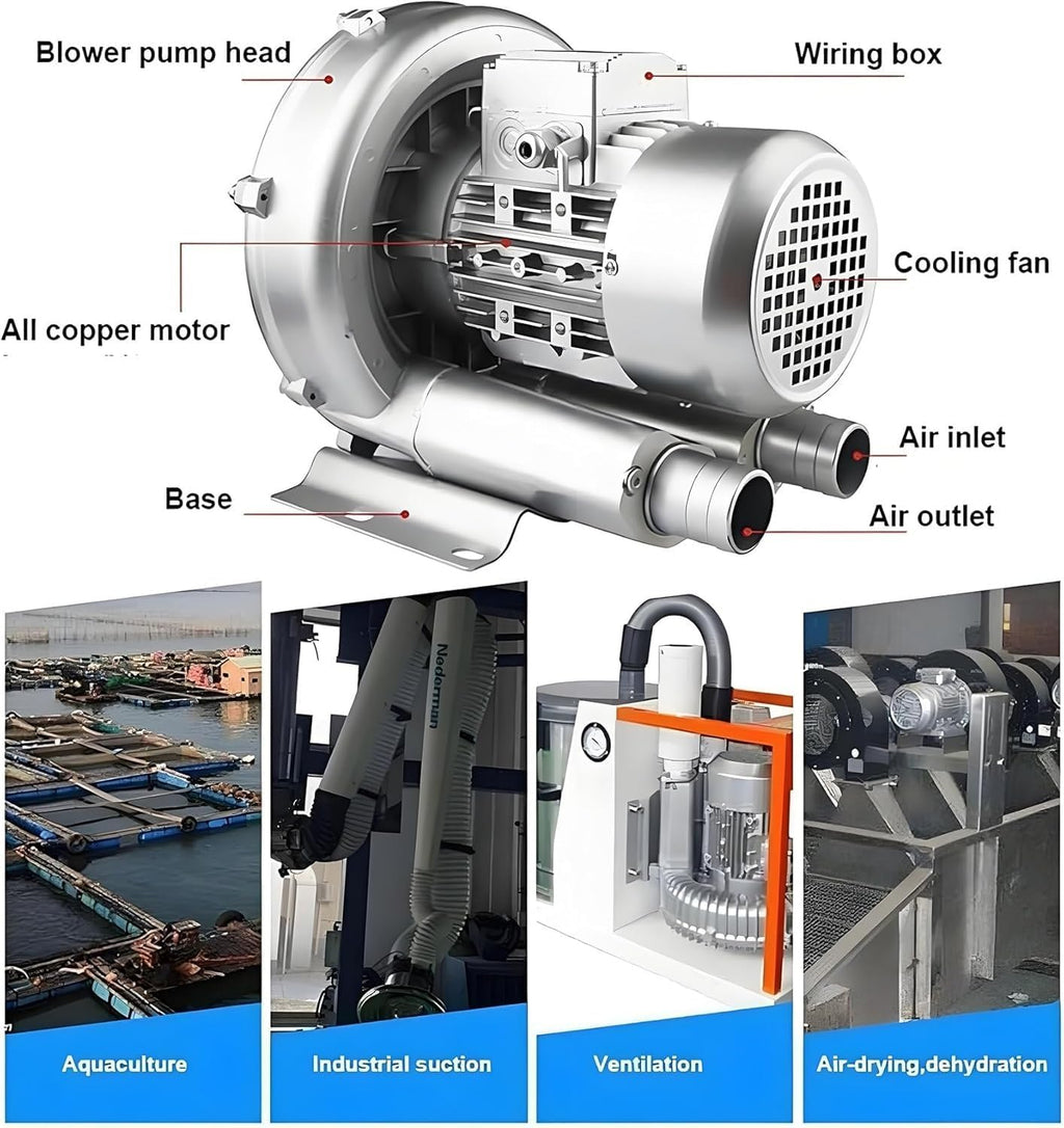 Regenerative Blower High Pressure Vortex Ring Blower Sewage Aeration Vortex Blower Single Phase Turbine Blower Aquaculture Vortex Air Blower Pump 0.16HP - 2.04HP Electric Air Pump(220V,180W)