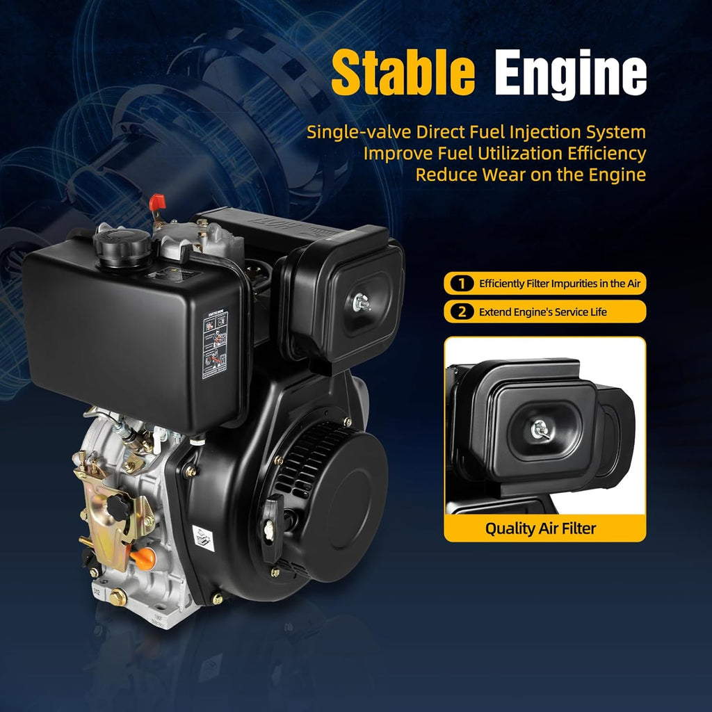 10HP Diesel Engine, 6300W 418CC Diesel Motor Engine 4 Stroke Heavy Duty Single Cylinder Air-Cooled Diesel Motor Vertical Shaft Diesel Engine For Tillers Generators Lawn Mower 3600RPM (10HP 6300W)