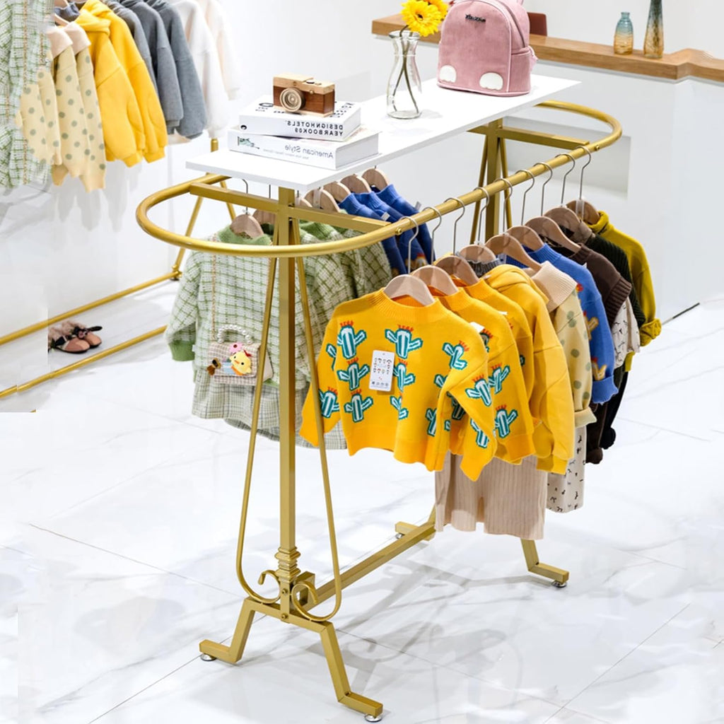 Round Clothing Rack, Commercial Floor Standing Clothes Hanging Rack, Oval Iron Clothing Hanging Rack, for Bedrooms Hanging Apparel, Boutiques Display, Laundry Room (Gold)