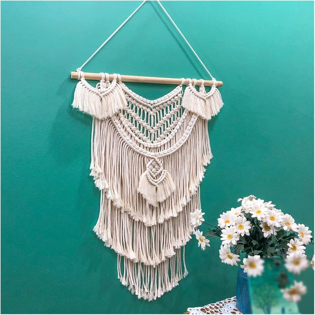 Tapestry Macrame Wall Hanging Tapestry Hand-Woven Pendant Chic Bohemian Woven Home Tapestry Wall Decor (Beige 55x75cm)