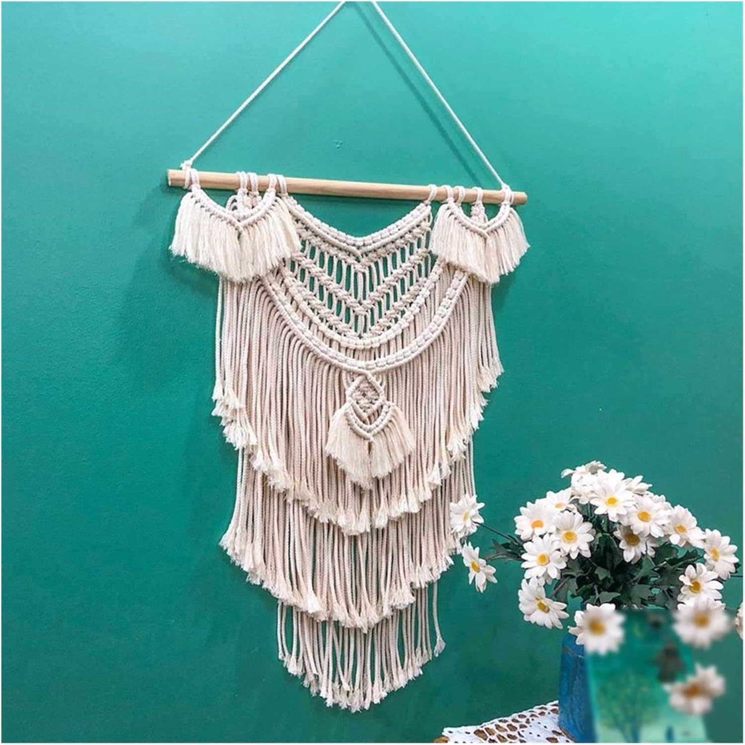 Tapestry Macrame Wall Hanging Tapestry Hand-Woven Pendant Chic Bohemian Woven Home Tapestry Wall Decor (Beige 55x75cm)