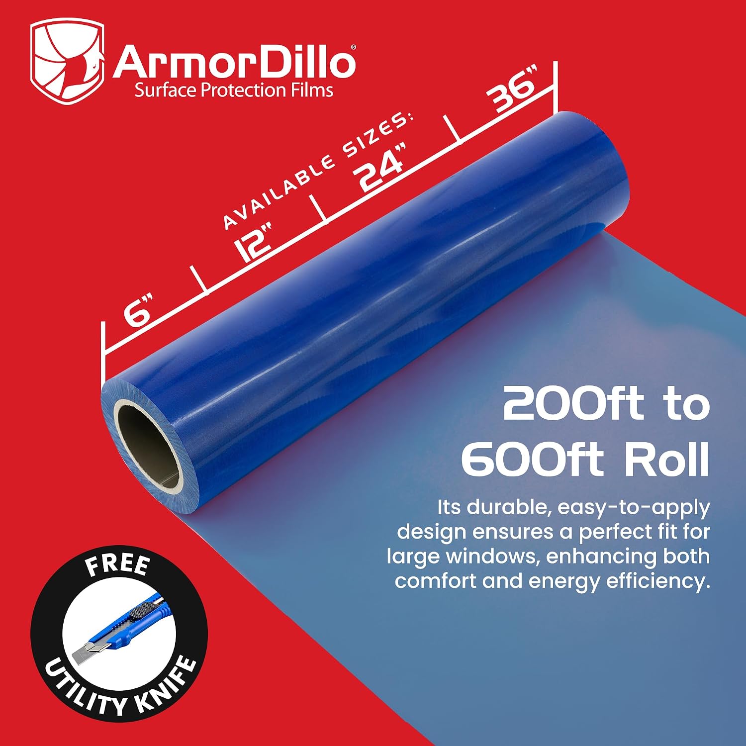 ArmorDillo Blue Window Protection Film 6' x 200' | 14.68 per roll (10 Rolls- 1 case), Surface Protection | Temporary Self-Adhesive Glass Covering, Window Masking, 45-Day UV Resistant Construction Wrap