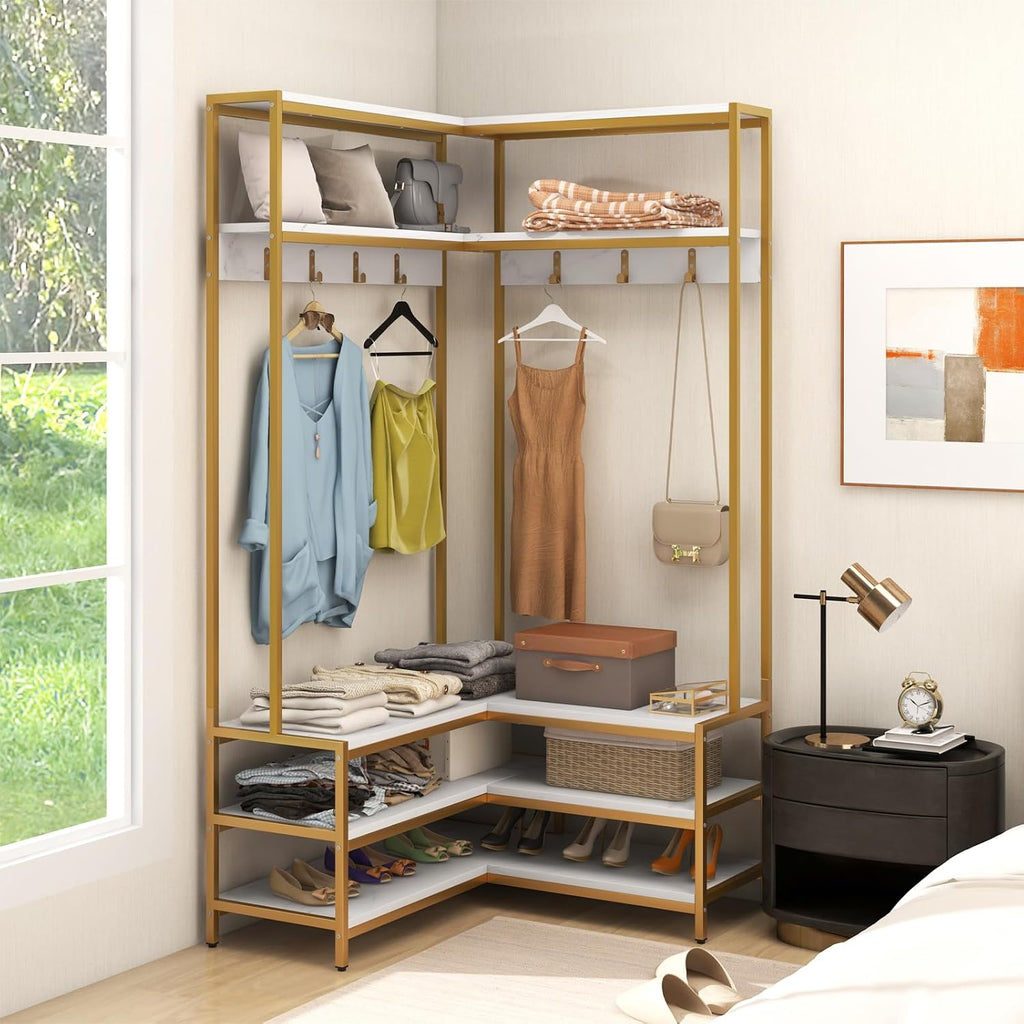 Multigot L-shaped Clothes Rack, Freestanding Corner Garment Rack Hall Tree with Shoe Storage Bench, Shelves and 7 Hooks, Metal Frame Coat Rack Stand Closet Storage Organizer (White+Golden)