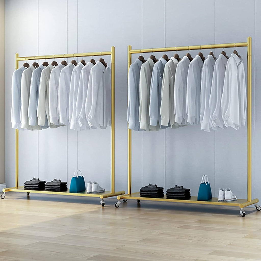 Floor-Standing Solid Wood Rotating Coat Rack，Commercial Grade Rolling Garment Rack - Modern Gold Clothes Rail for Bedrooms & Boutiques, 80x40x165CM - Sturdy Metal Coat Stand with Shelves, Ve