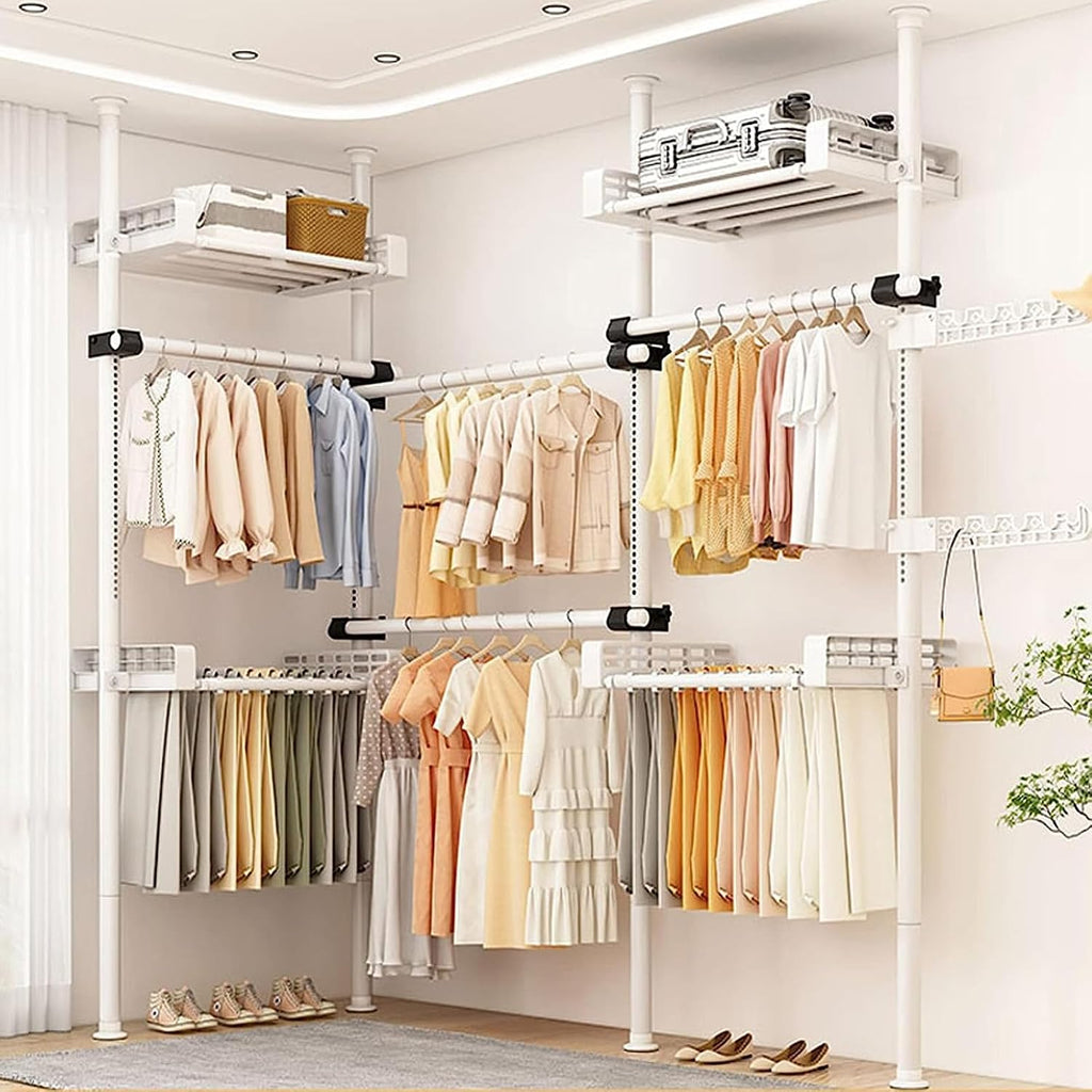 Heavy Duty Garment Rack - Telescopic Coat Hanger with Tray, Height Adjustable Clothes Tidy Rail for Closet Organization
