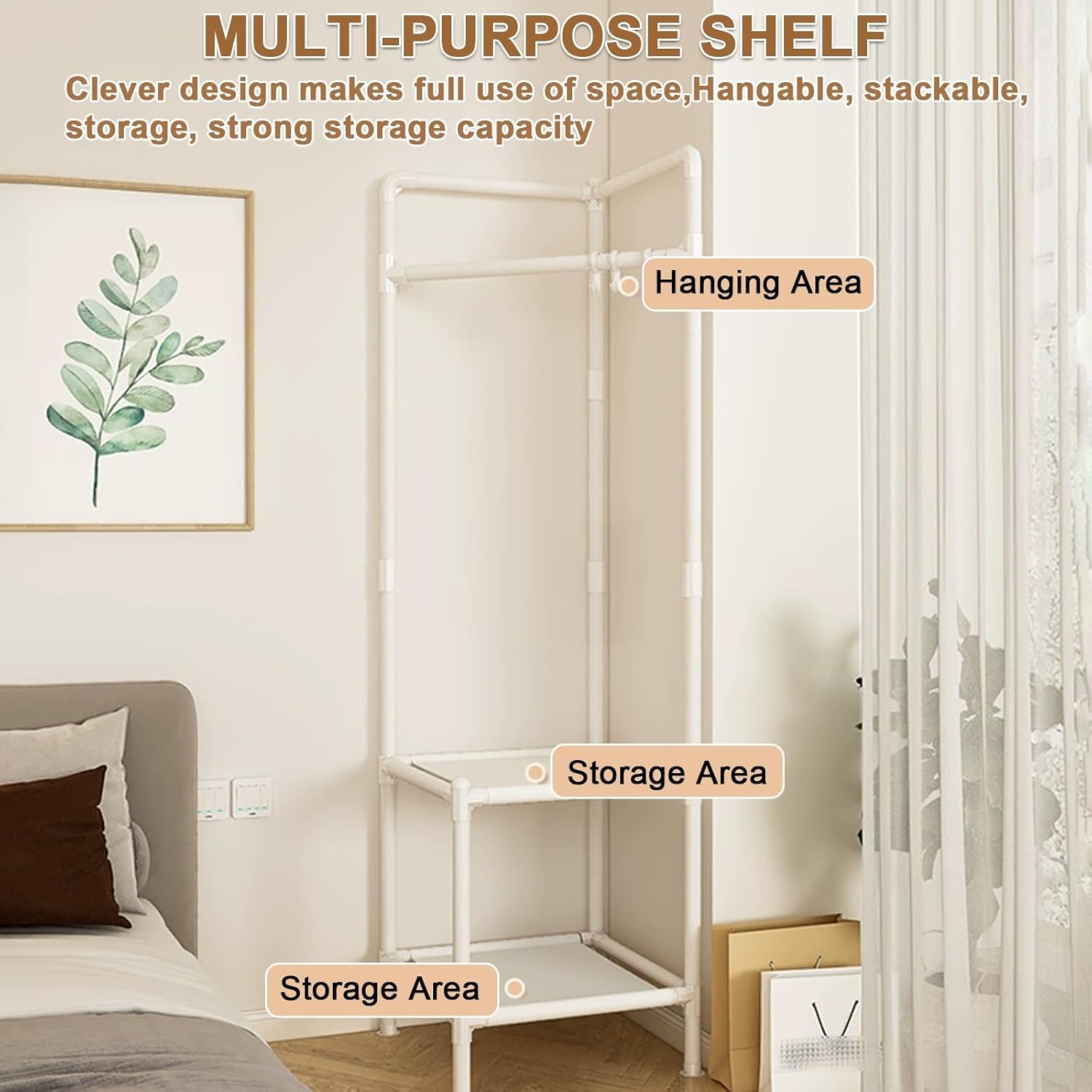 Coat Racks Free Standing,Garment Rack with Shelves,25mm Thicker Tube Diameter, Large Capacity Storage, with Double Shelves,can Be Used in The Bedroom,Entrance Hall,Living Room(White)