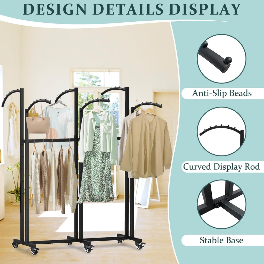 Floor Standing Metal Garment Rack With Wheels, 6 Arms Clothing Rack, Heavy Duty Metal Clothing Garment Rack with Curved Arms, Display Rack for Hanging Clothes,Black
