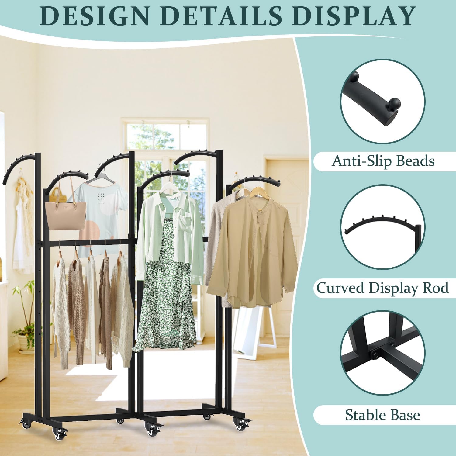 Floor Standing Metal Garment Rack With Wheels, 6 Arms Clothing Rack, Heavy Duty Metal Clothing Garment Rack with Curved Arms, Display Rack for Hanging Clothes,Black
