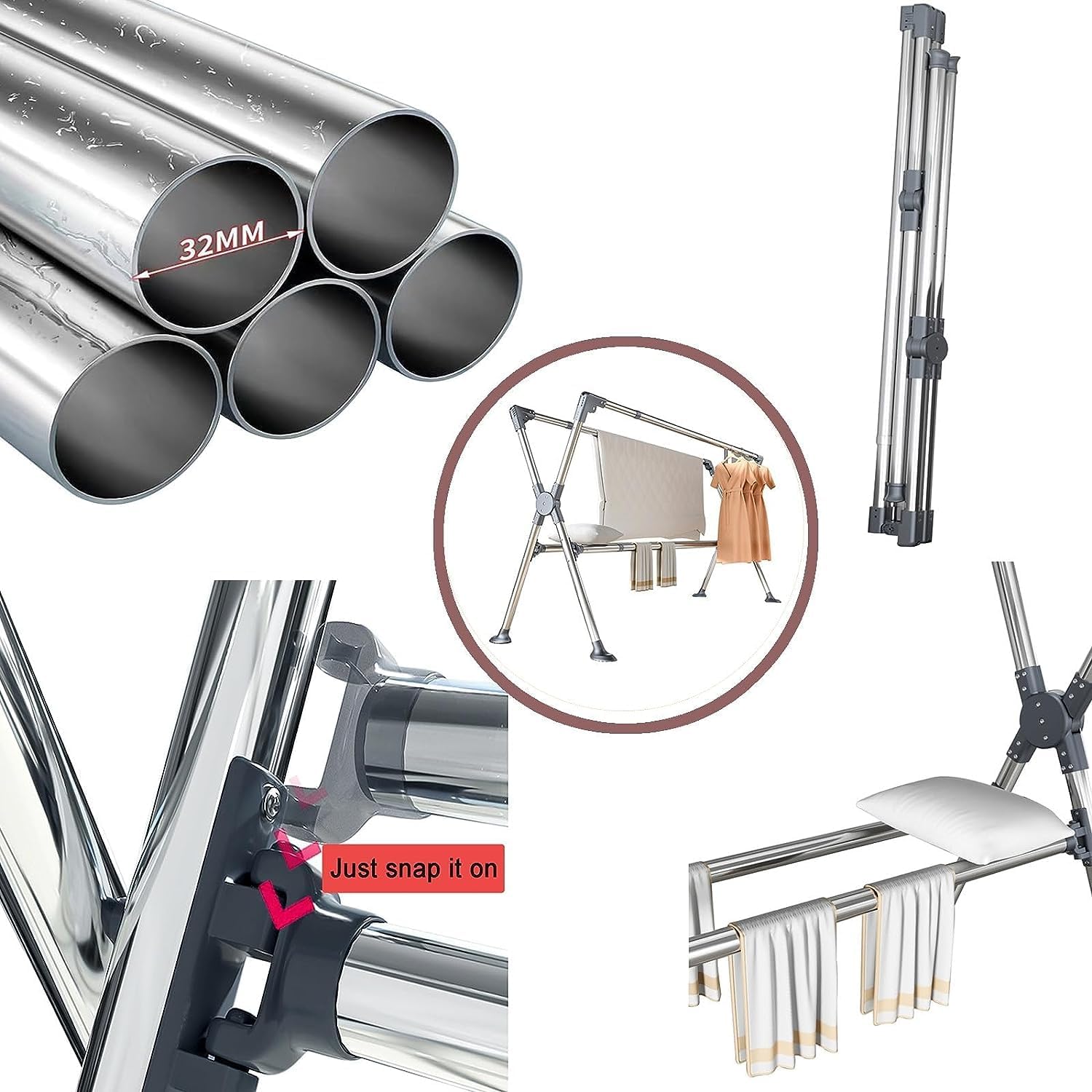 Clothes Drying Rack Freestanding Laundry Rack Folding Clothes Drying Rail Stainless Steel Garment Racks Floor