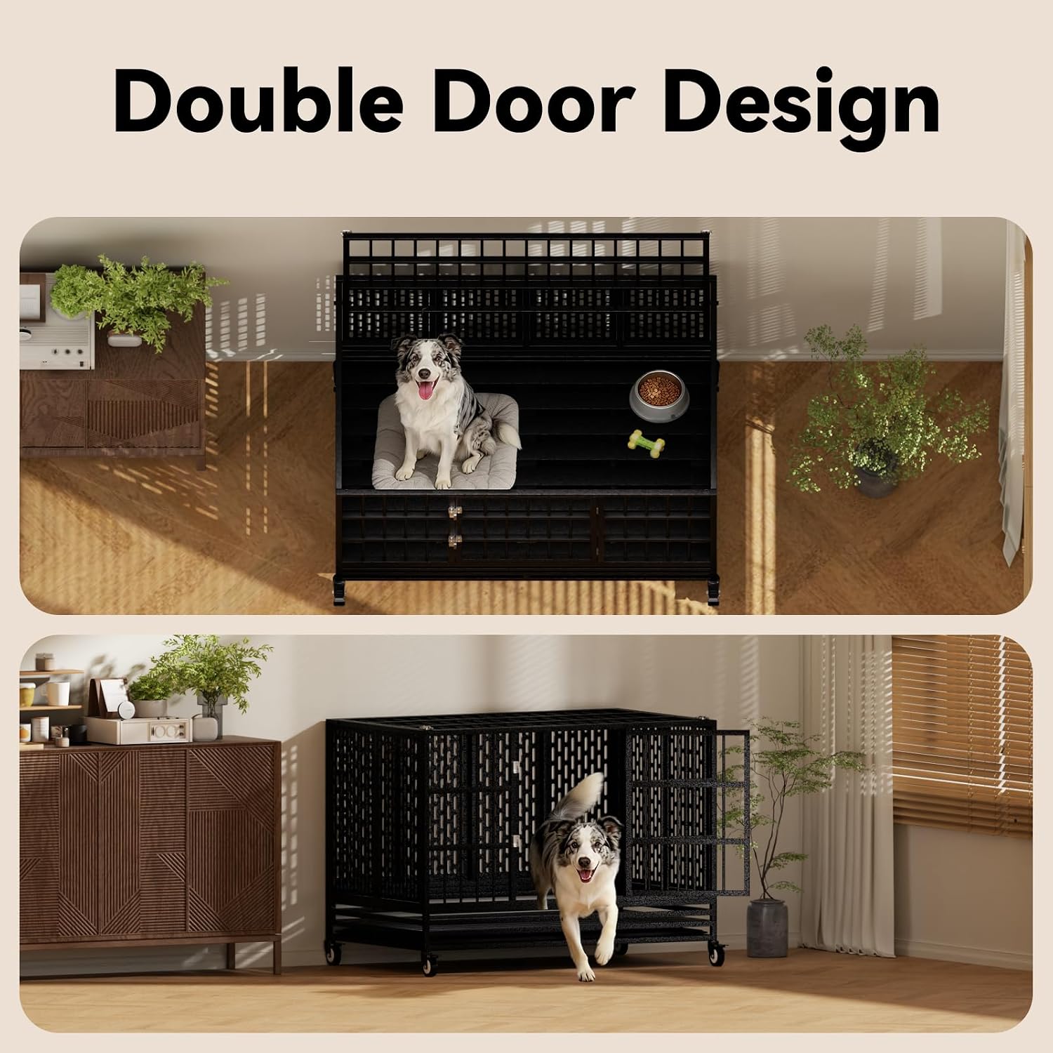 48 Inch Heavy Duty Dog Crate with Wheels,Indestructible Escape-Proof Dog Kennel with Locking Latch and Double Door,Extra Large XL XXL Crate Indoor for Large and Medium Dog with Removable Tray