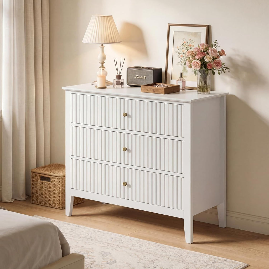RoyalCraft 32' Large Nightstand Set of 2, Fluted Painted Bedside Table with 3 Spacious Drawers, Modern Tall End Table for Bedroom, White