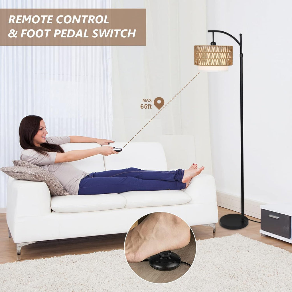 Arc Floor Lamp for Living Room with 3 Color Temperatures, Floor Lamps with Remote Dimmable Bulb, Boho Standing Lamp with Rattan Fabric Shades, Adjustable Tall Lamp for Bedroom, Office