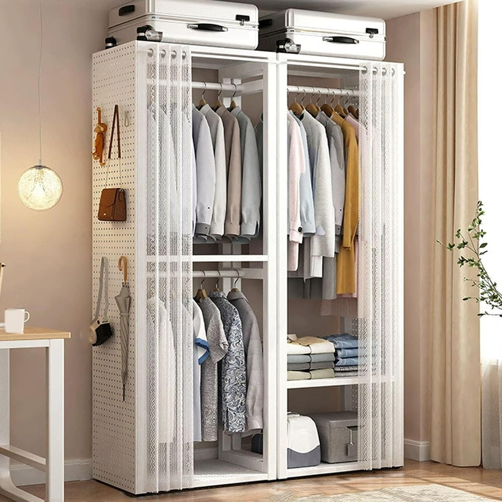 Heavy Duty Clothing Rack, Metal Freestanding Closet for Hanging Clothes, Easy to Assemble Wardrobe with Curtain for Bedroom and Dormitory
