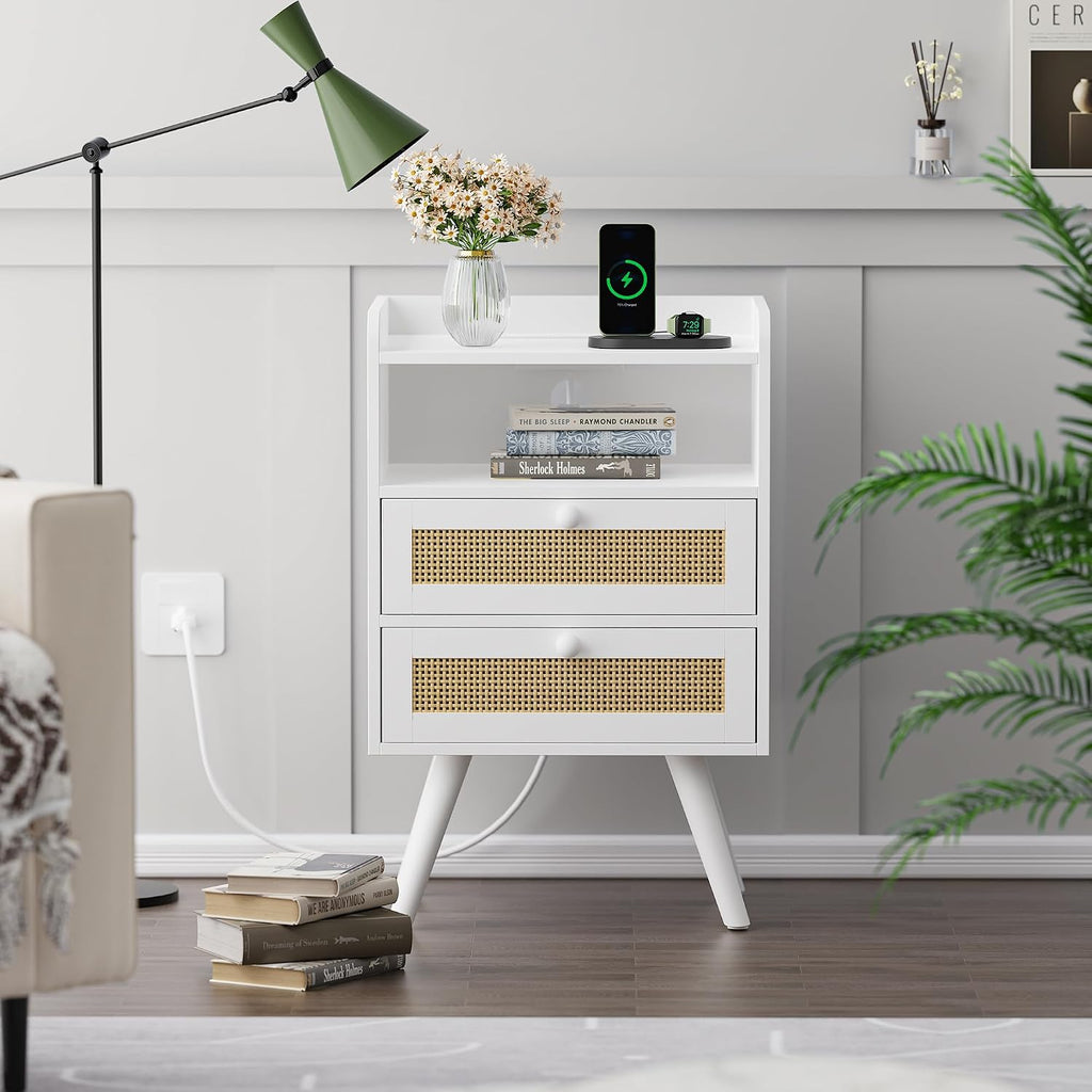 SUPERJARE 2 Drawer Night Stand with Charger Station, Boho Rattan Nightstand Set of 2, 25.2 Inch Tall Bed Side Table with Solid Wood Feet, End Table, Open Storage, Synthetic Rattan, for Dorm, White