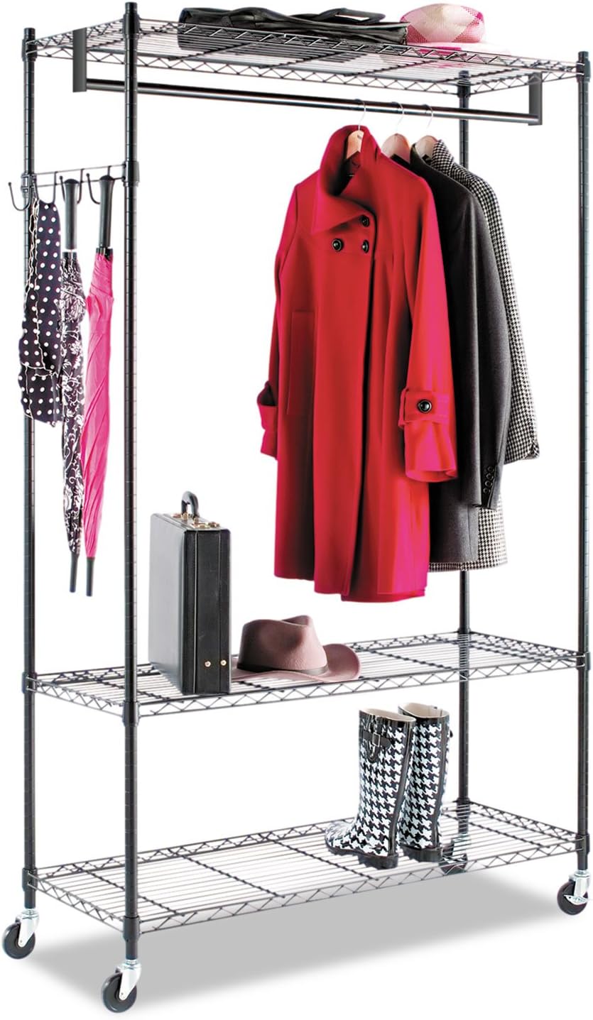 Alera GR364818BL Wire Shelving Garment Rack, Coat Rack, Stand Alone Rack, Black Steel w/Casters