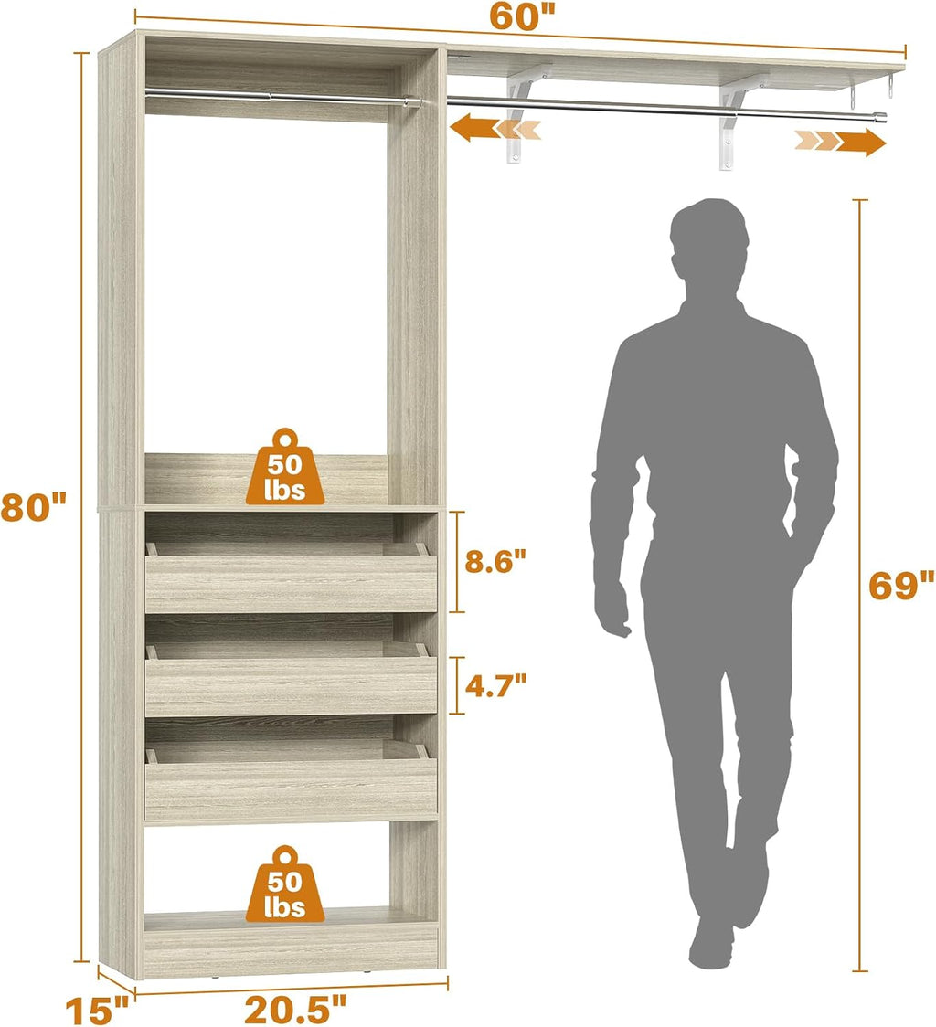 Homieasy Closet Organizer System Tower with Storage Wing Shelf, 60 Inch Adjustable Walk in Wardrobe System with 3 Drawers, 2 Hanging Clothes Rods, Reversible Heavy Duty Garment Rack, White Oak