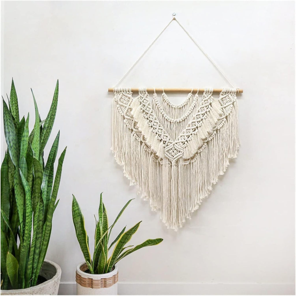 Tapestry Macrame Wall Hanging Bohemian Cotton Weave Artwork Tassel Tapestry Used for Bedroom Living Room Decoration (Beige 70x75cm)