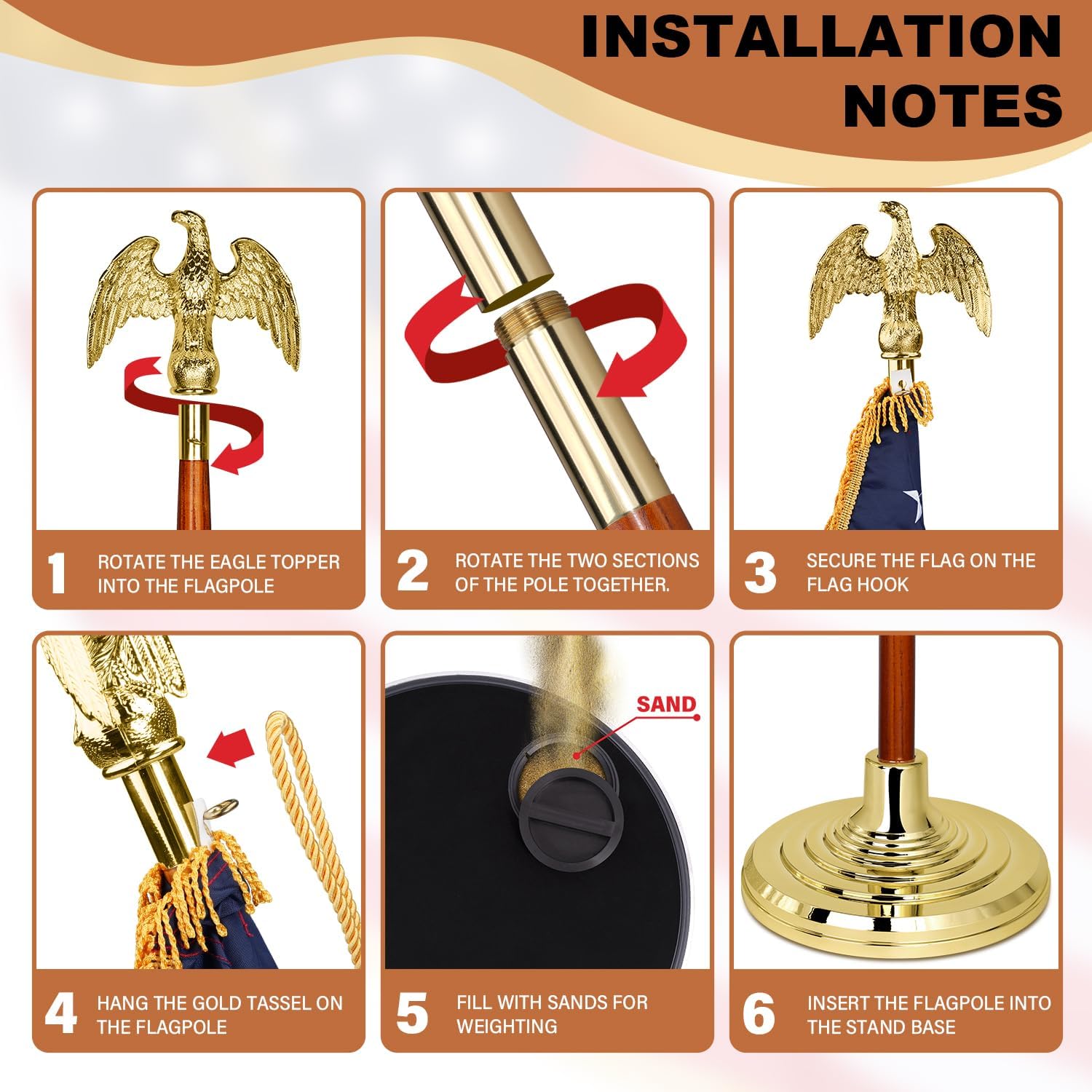 XIFAN Deluxe 8 FT Indoor American Flag and Pole Set - Solid Oak Pole, Metal Eagle Topper, Gold Fringed US Flag, Base Stand, Cord Tassel, for Lobby, Office, Auditorium, Conference Room - 8.6 FT Total