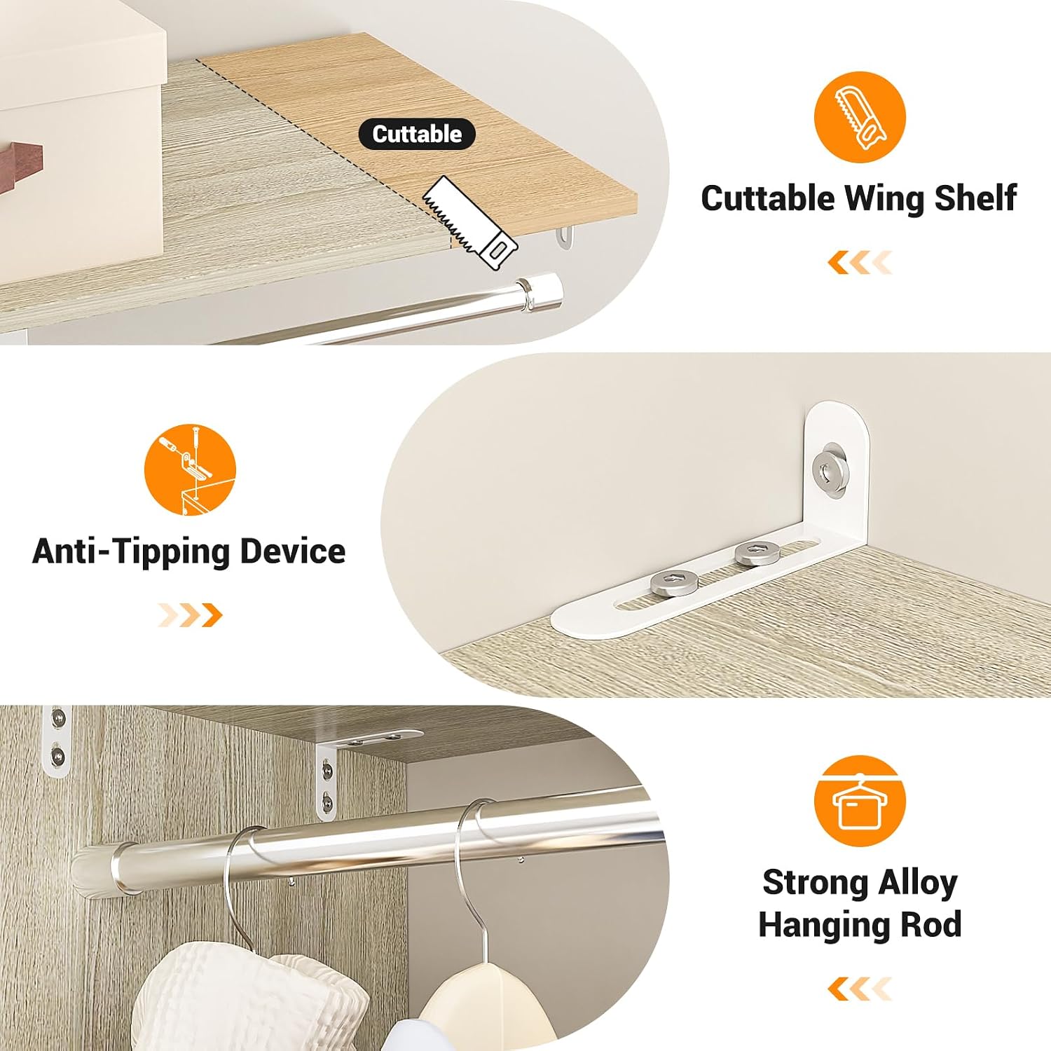 Homieasy Closet Organizer System Tower with Storage Wing Shelf, 60 Inch Adjustable Walk in Wardrobe System with 3 Drawers, 2 Hanging Clothes Rods, Reversible Heavy Duty Garment Rack, White Oak