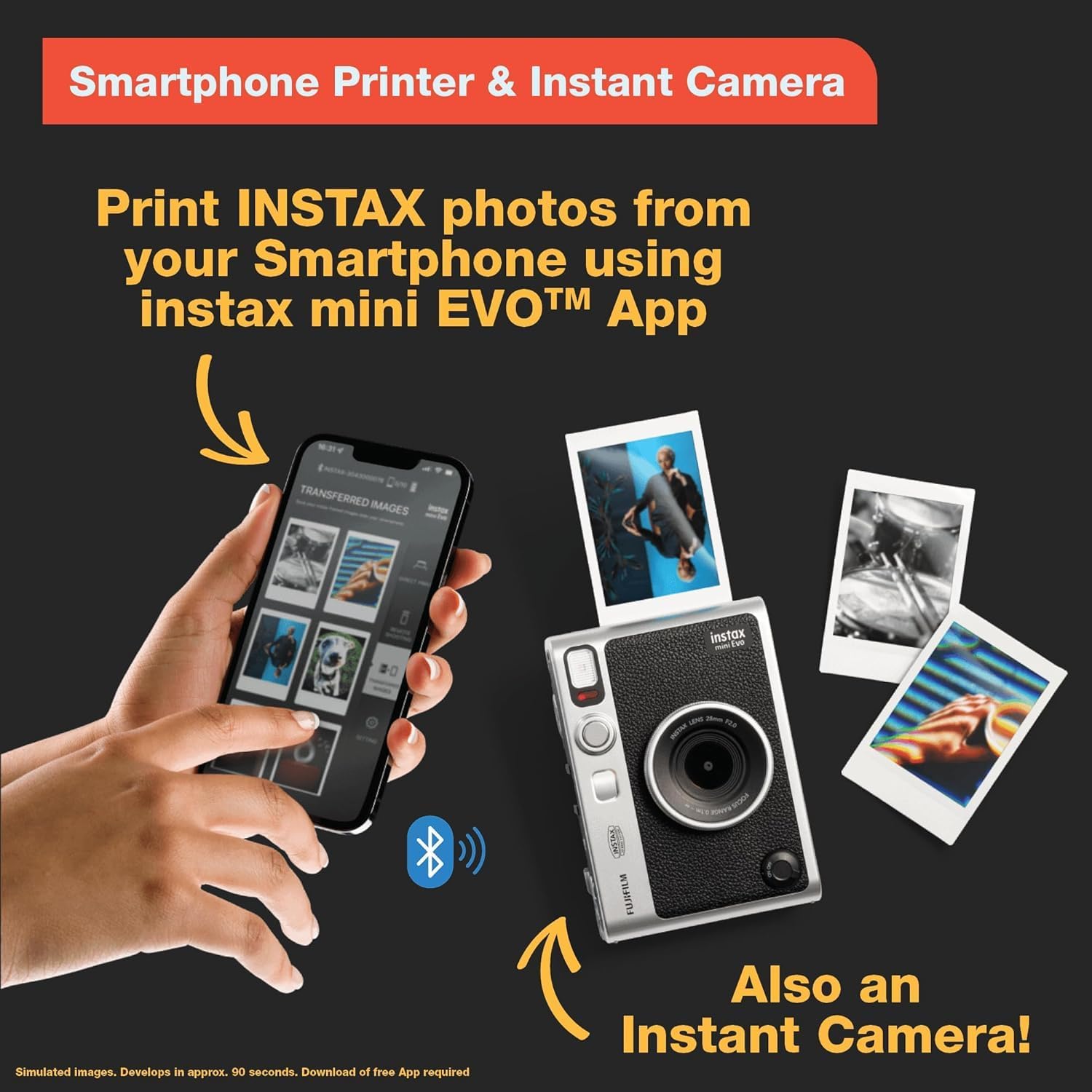 Fujifilm Instax Mini EVO Instant Camera with Sunshine Photo Microfiber Cleaning Cloth (Camera + 2 Twin Packs, Brown)