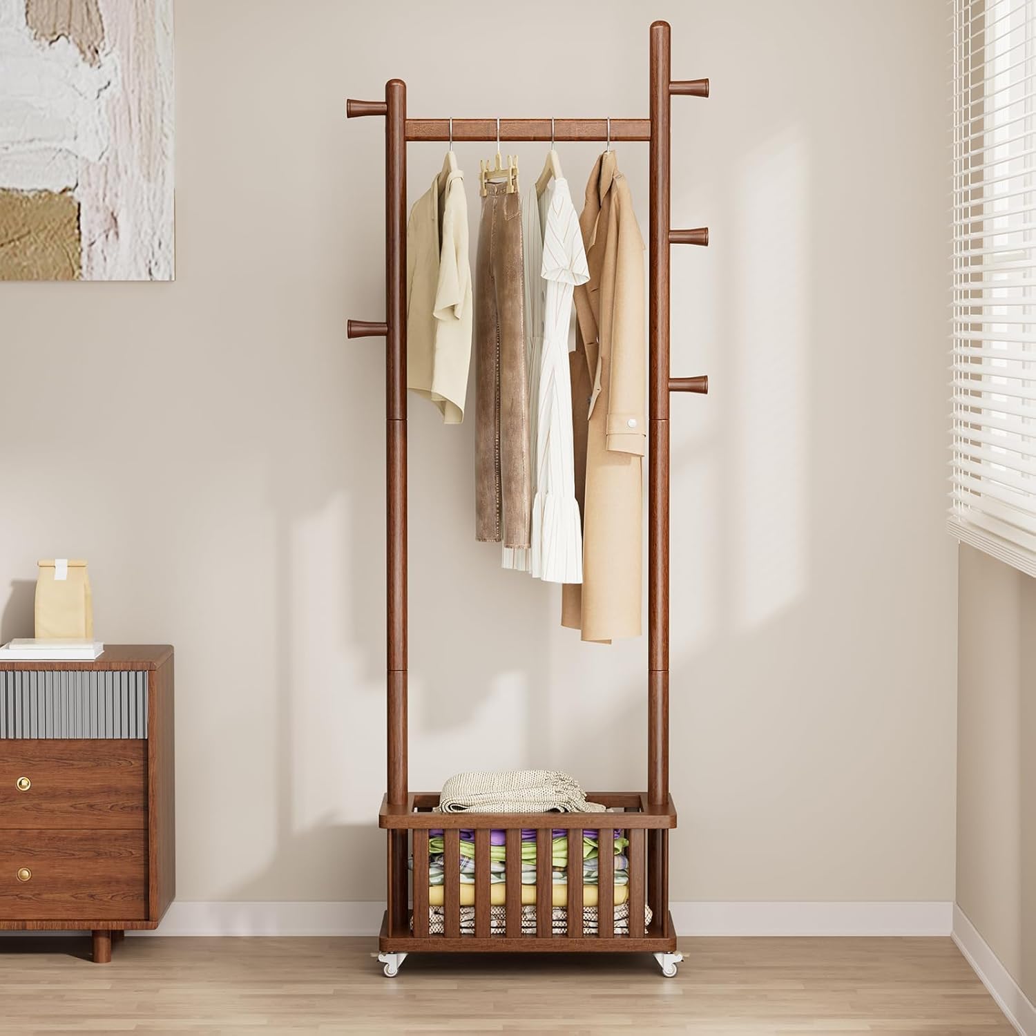 Taitiy Solid Wood Coat Rack Clothes Rack, Coat Rack Freestanding with Storage Basket and 5 Hooks, Heavy Duty Coat Tree for Entryway, Living room, Coat Hanger Stand for Hats, Bags Clothes
