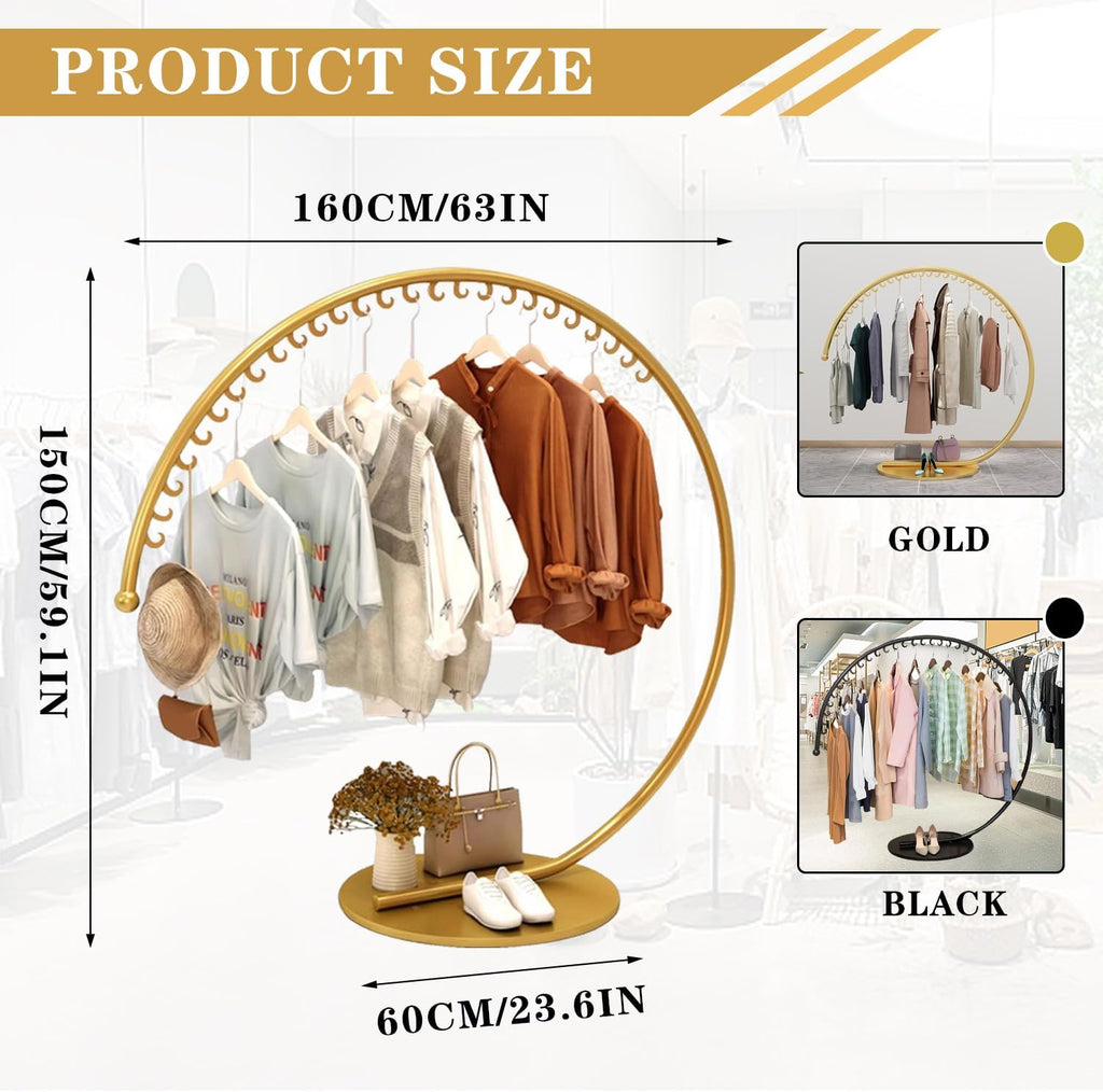 Floor Standing Metal Clothes Rack, Round Garment Rack with Stable Base, Commercial Portable Retail Display Clothing Racks, Creative Garment Rack for Hanging Clothes,Gold,Medium