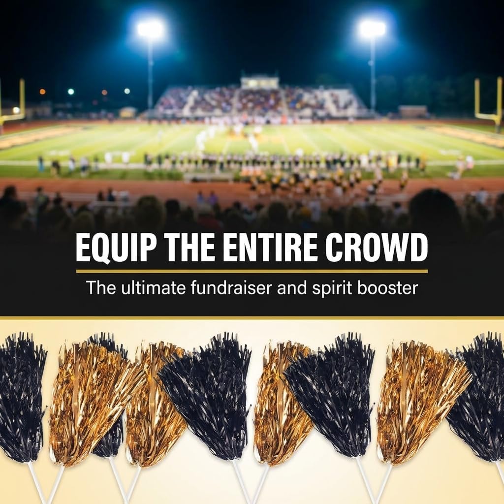 Anderson's Premium Metallic Black and Gold Foil School Spirit Shakers Cheerleader Pom Poms Sports Football Basketball Homecoming Squad Team Party Dance Club Performance Celebration Pack of 100