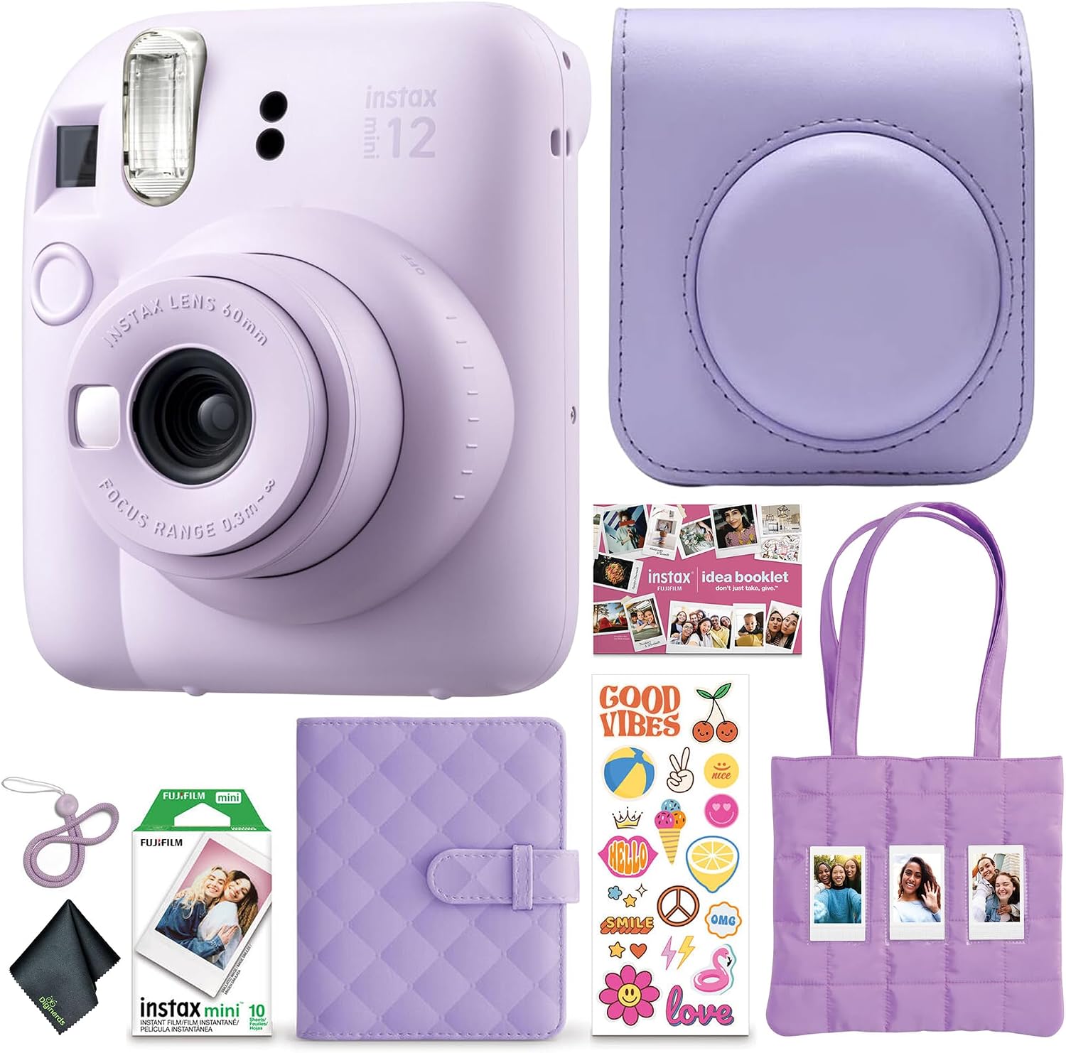 FUJIFILM Instax Mini 12 Instant Film Camera 2025 Holiday Bundle (Purple) + Compatible Carrying Case + Microfiber Cleaning Cloth