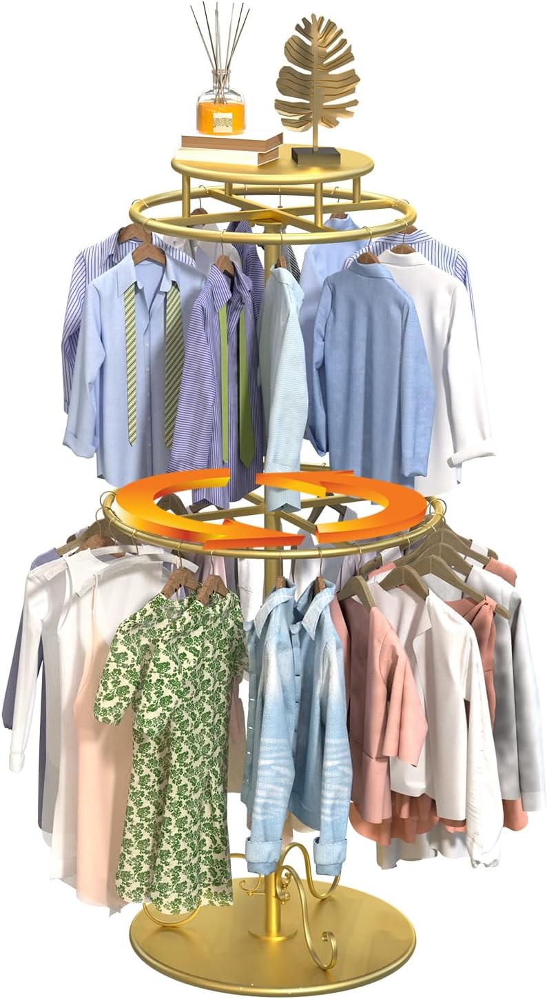 Round Clothes Rack, Childrens Clothing Display Circular Clothes Rack, Rotatable Black Tier Rack with Retail Display Table, Round Garment Rack Kids Clothing Display for Boutiques (GOLD, 55.1'/140cm)