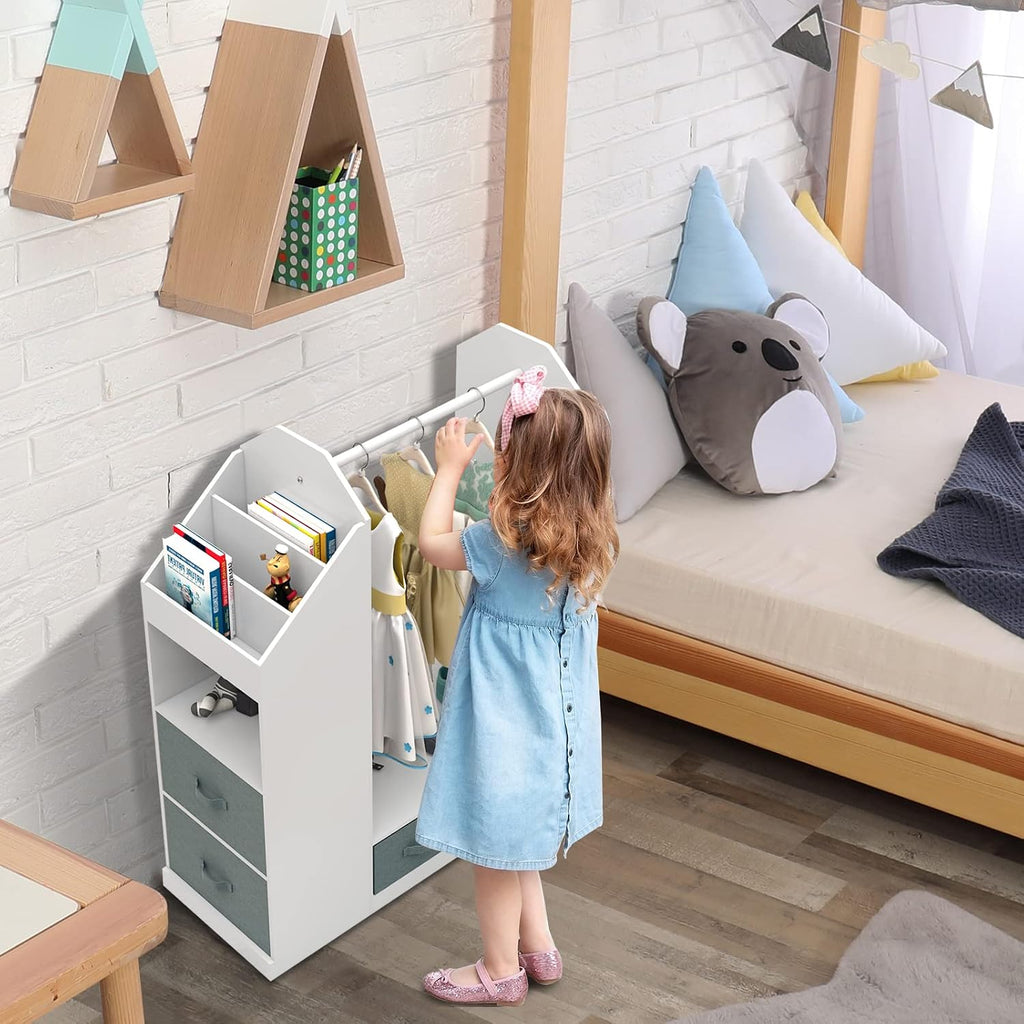 White Clothing Rack with Mirror Small Costume Organizer Storage Dress Up Rack Closet for Baby Clothes, White Dance Costume Garment Rack for Hanging Clothes, Garment Rack for Hanging Clothes Organizer