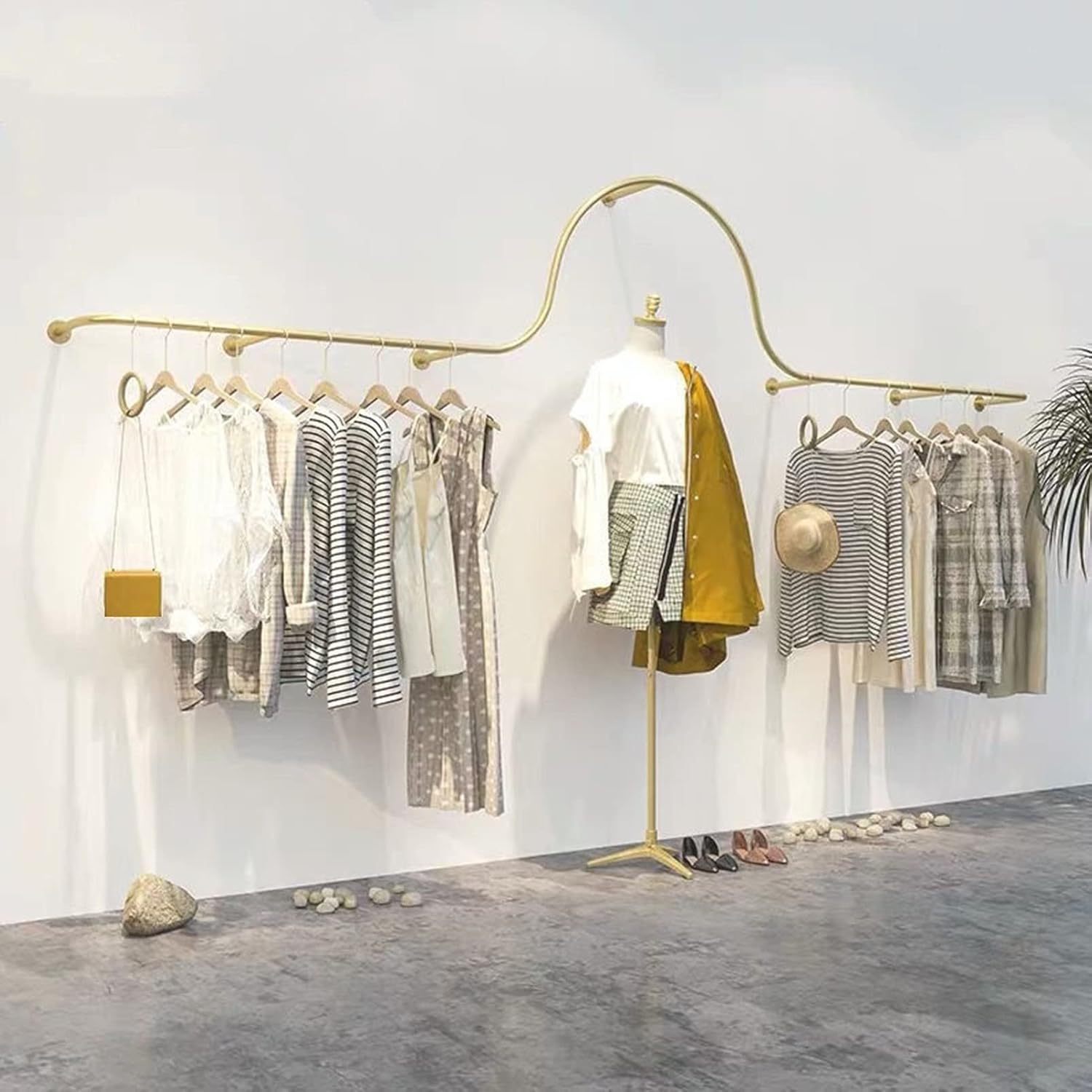 Wall-Mounted Garment Rack Hanging Clothes Rack,Clothing Store Large-Capacity Metal Display Stand,Home Retail Boutique Display Clothes Organizer Systems,Heavy(Gold 200Cm)