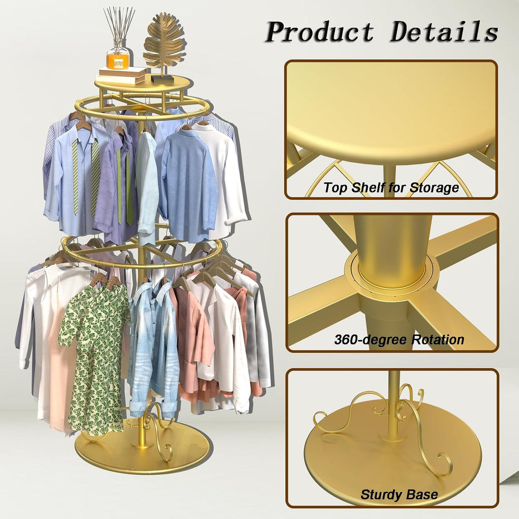 Round Clothes Rack, Childrens Clothing Display Circular Clothes Rack, Rotatable Black Tier Rack with Retail Display Table, Round Garment Rack Kids Clothing Display for Boutiques (GOLD, 55.1'/140cm)