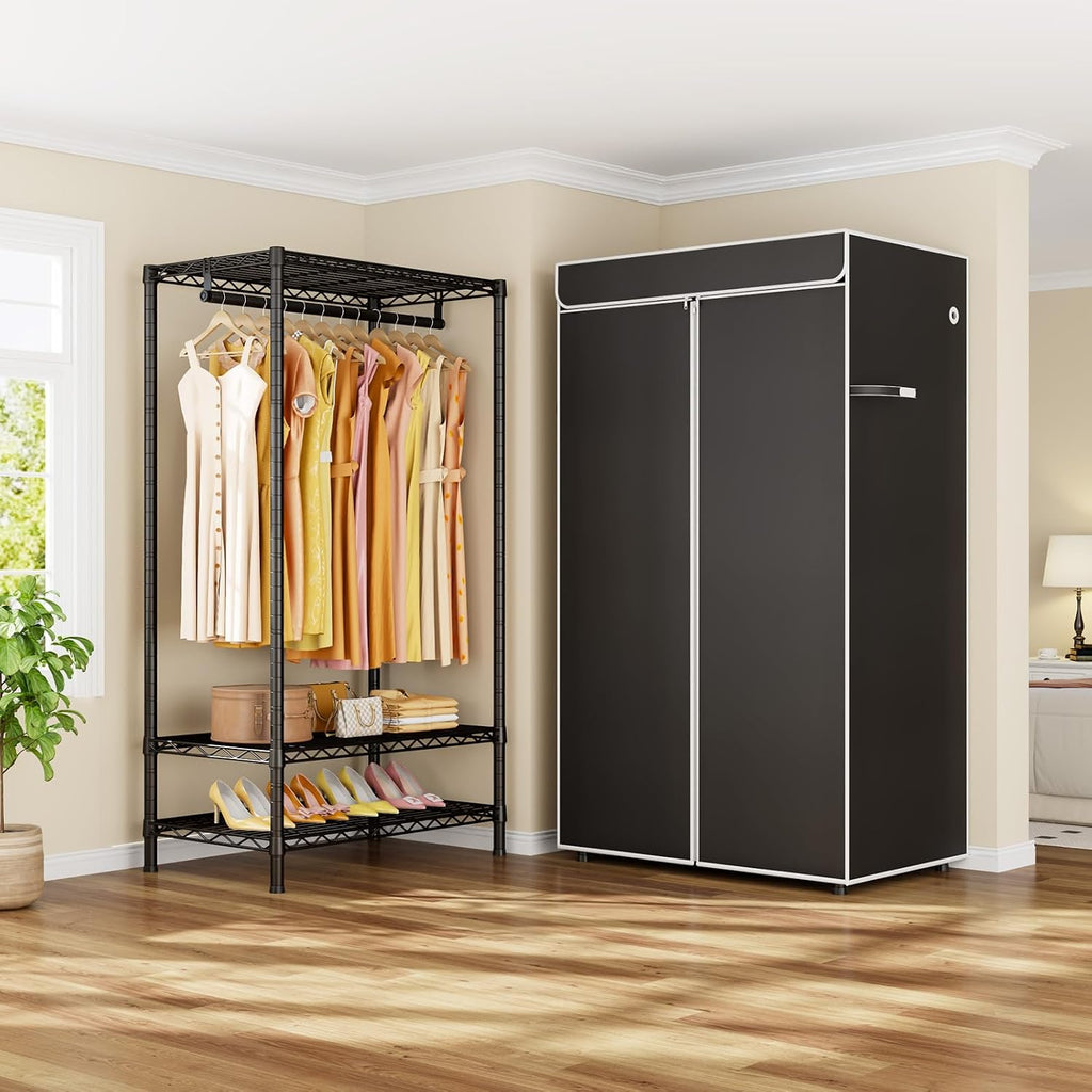 LIFHOME H5C & H50C Clothes Rack with Cover, Portable Closet for Hanging Clothes, Covered Clothing Racks Heavy Duty, Freestanding Garment Racks with Shelves, Black Closet Rack with Black Cover